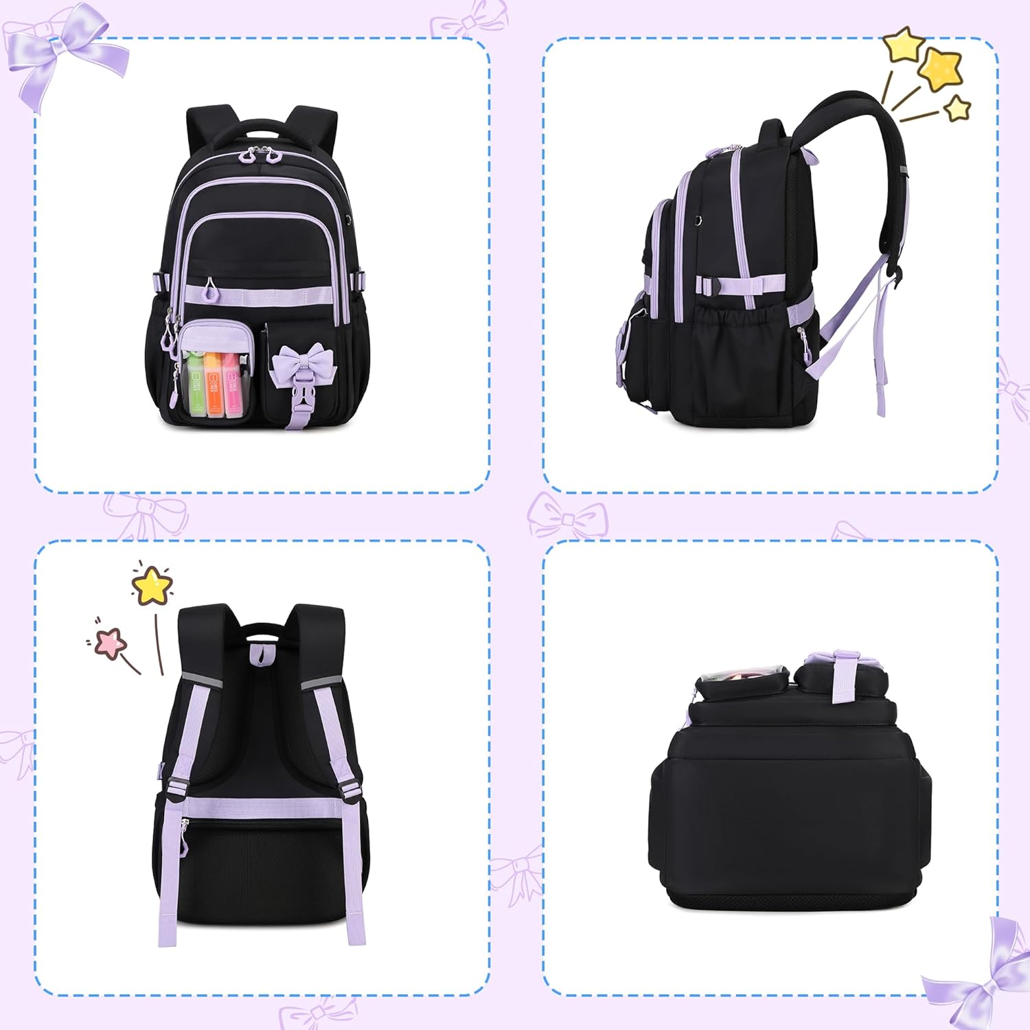Girls Backpack, 17-Inch Bookbag for Middle & Elementary School, Kawaii Kids Backpack for Girls Ages 6-12(Black Purple) - Image 9