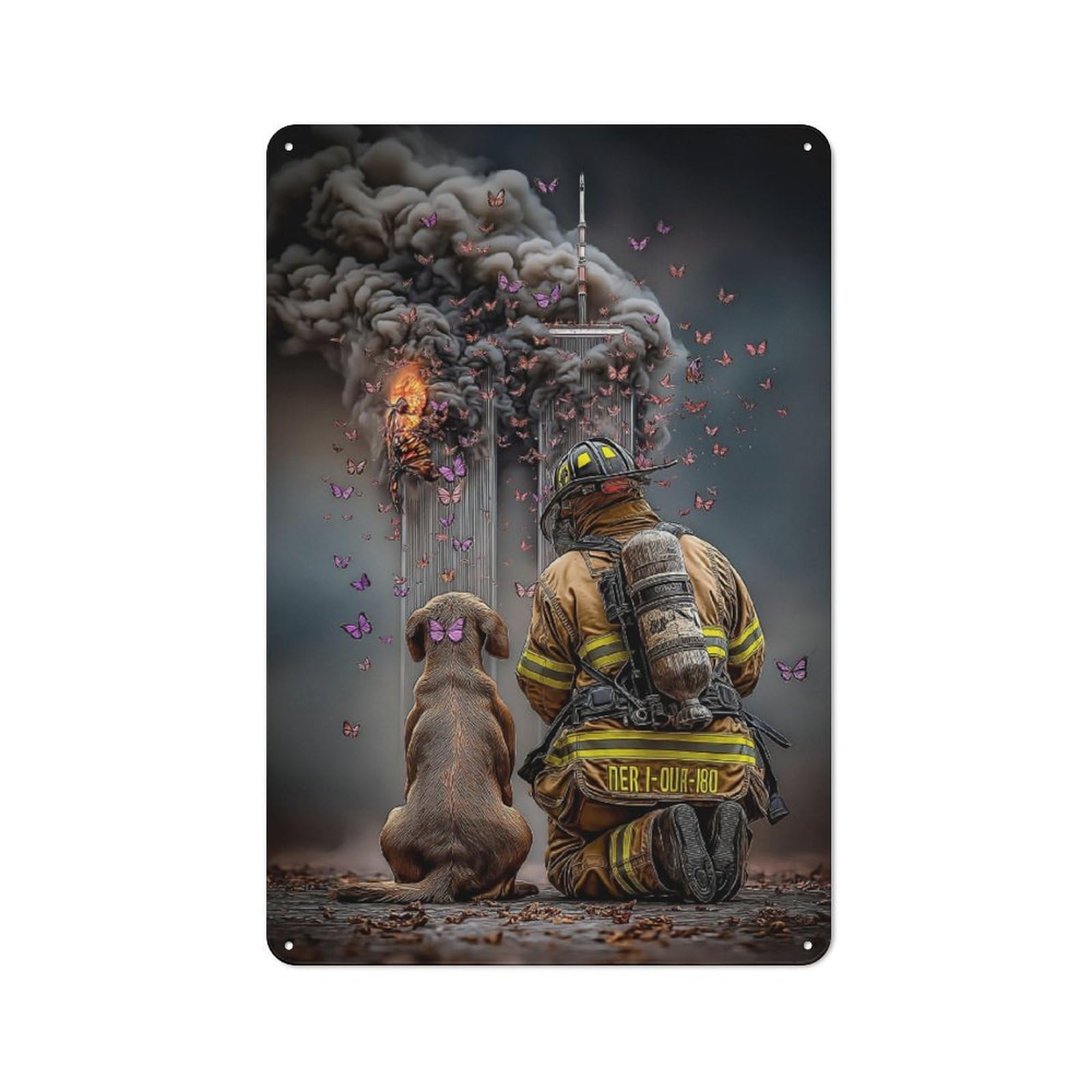 Junmoney Firefighter And Dog In Tribute Tin Wall Plaque 30X20cm With For Bar Or Restaurant, Autumn Wall Decor For Hospitality Decor Collectors