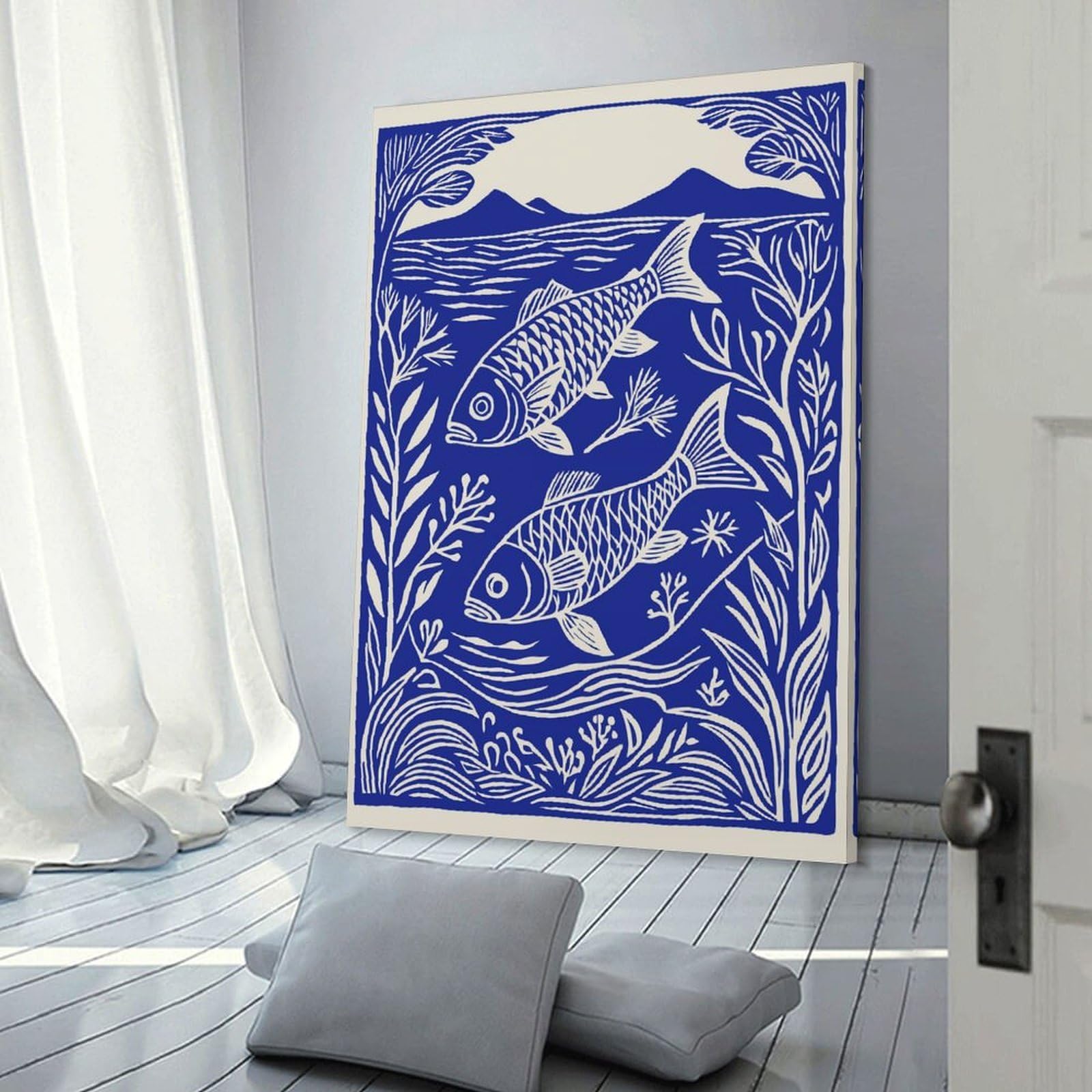 Junmoney Blue And White Fish Illustration Wall Art Print, 24x36inch(60x90cm), for Bedroom Decor, Cosy Corners Or Studios, Decorative Wall Art for Cosy Rooms