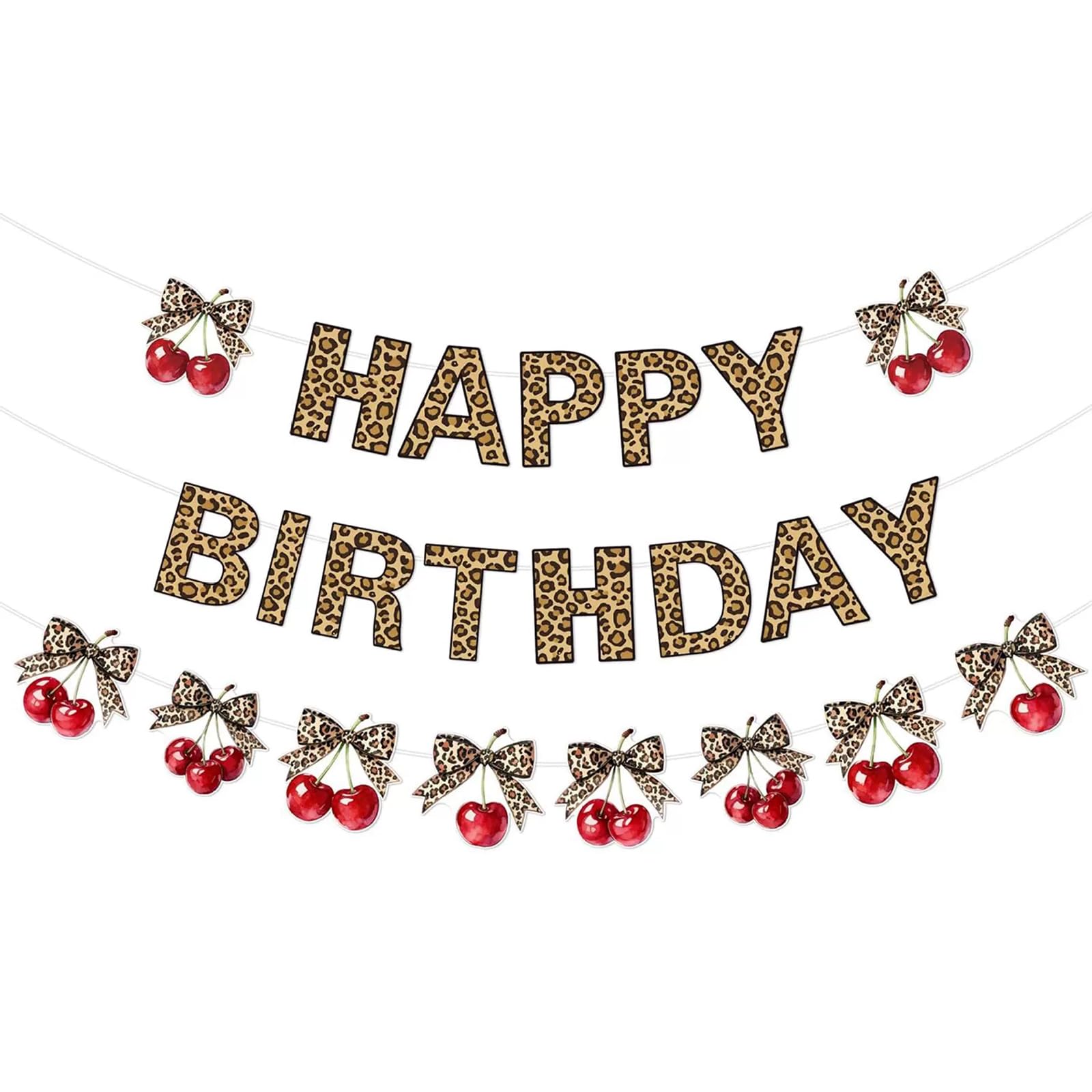 3Pcs Leopard Print Happy Birthday Banner, Cherry Birthday Decorations, Fruit Happy Birthdays Banners, Coquette Bow Party Decorations, Fashion Photography Props for Girls & Women