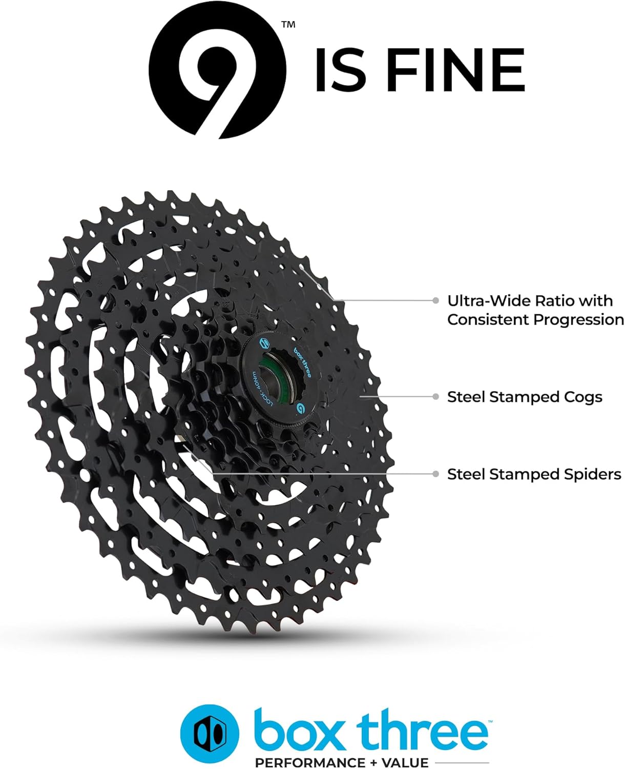 Box Three Prime 9 Non E-Bike & E-Bike Cassette 11-46T, 11-50T, 12-46T & 12-50T Fits Standard HG Hubs 9/10/11 Speed Cassette Mountain Bike, Compatible Lightweight Bicycle MTB Bike Cassette