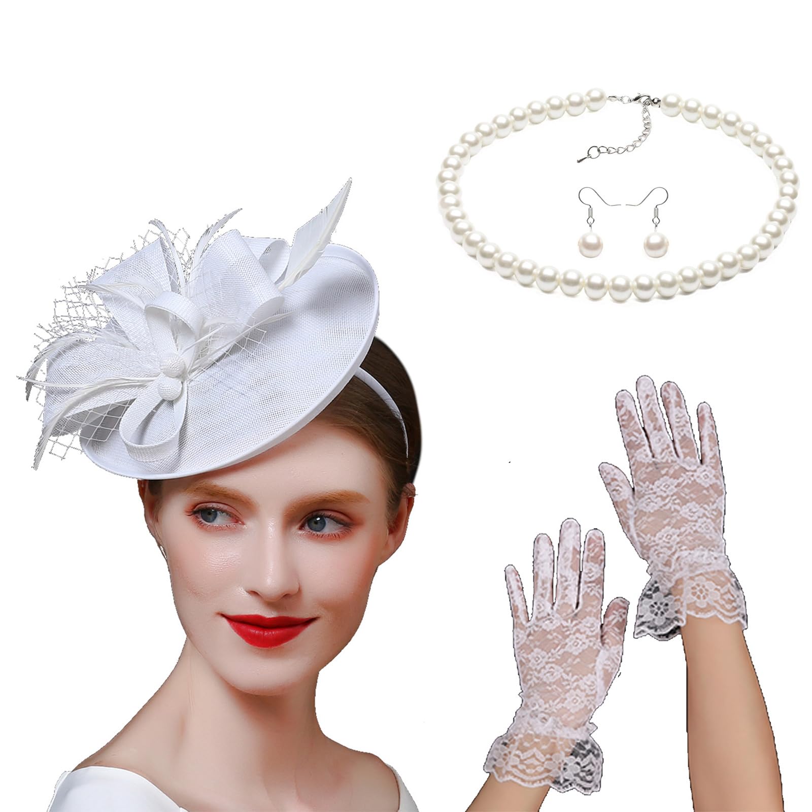 MICFENY French Feathered Bowknot Hat Necklace Earrings Gloves Set Costume Accessory For Formal Event Gathering Dressingup