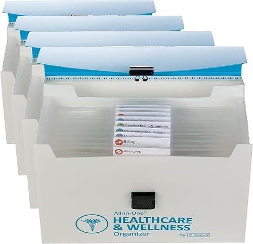 Smead Organizador de salud y bienestar todo en uno, 13 bolsillos, tamaño carta, cierre de pestillo, blanco y verde azulado (92012) (paquete de 4)