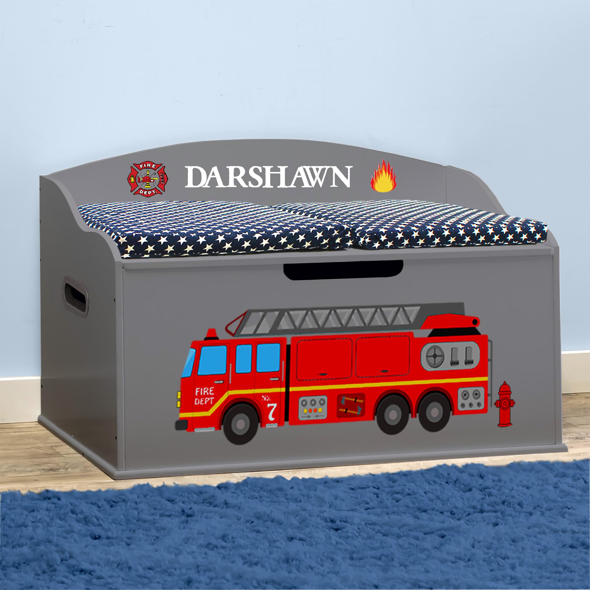 DIBSIES Personalized Creative Wonders Toy Box, Firetruck, 30 x 19.25 x 18 inches, Soft-Close Lid (Dovetail Grey)