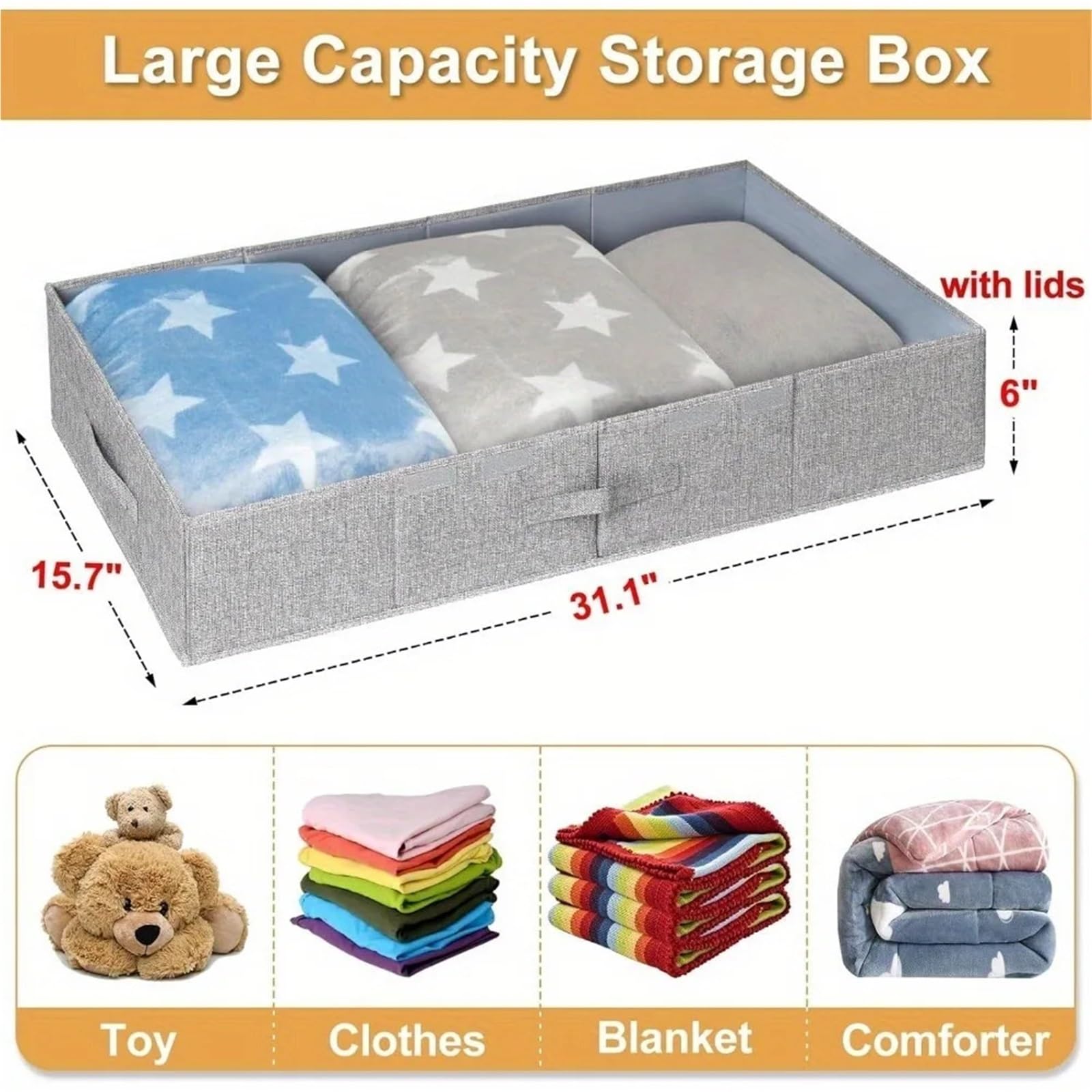 Confezione da 2 contenitori sotto il letto con coperchi. Grande contenitore sotto il letto, pieghevole, a basso profilo, impilabile, for cassetti, contenitori for la camera da letto.