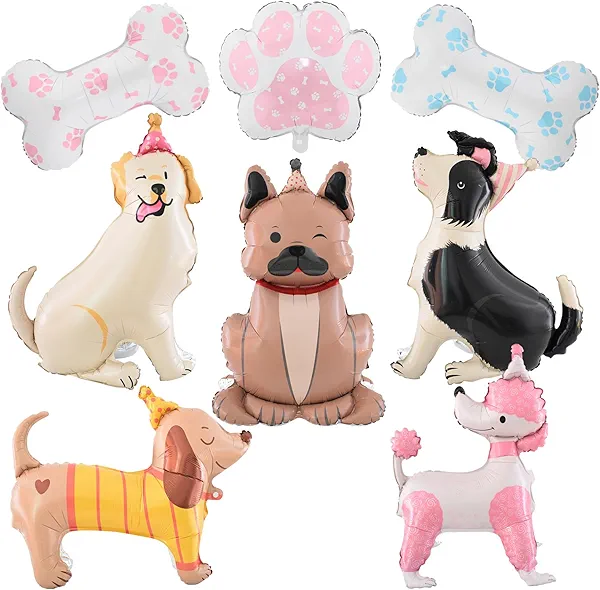 8 Pcs Large Dog Balloons (32–38 inch) – Puppy Foil Balloons with Paw & Bone Designs for Birthday, Baby Shower & Pet Theme Party Decorations
