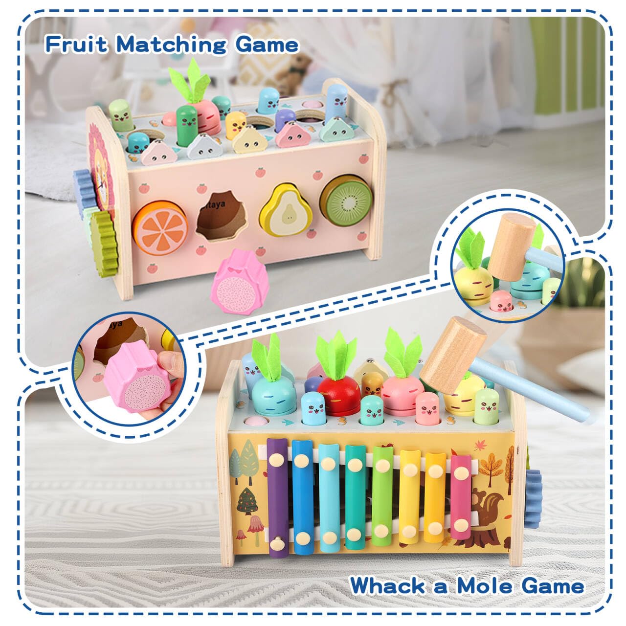 Giochi Montessori Bambini 1 Anno, 9 in 1 Cubo Multiattivita Legno Bambi Giocattoli Educativi Interattivi con Strumenti Xilofono, Acchiappa La Talpa, Gioco Pesca & Frutta, Regalo Compleanno Pasqua