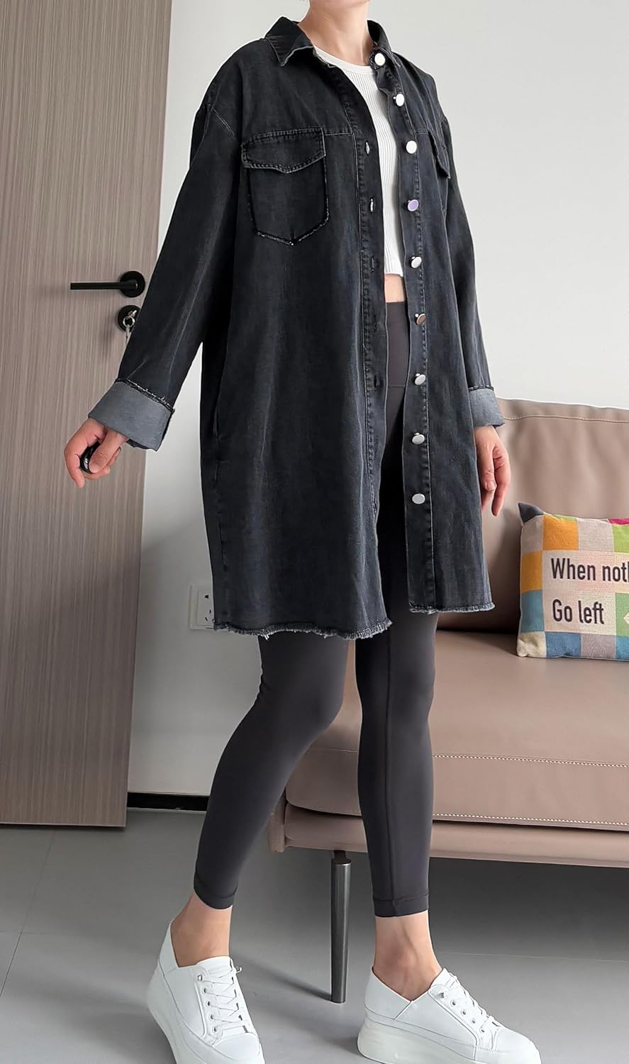 Minibee Women's Denim Jacket Button Down Shirts Long Sleeve Jean Jacket Cotton Blouses Fall Outfits - Image 3