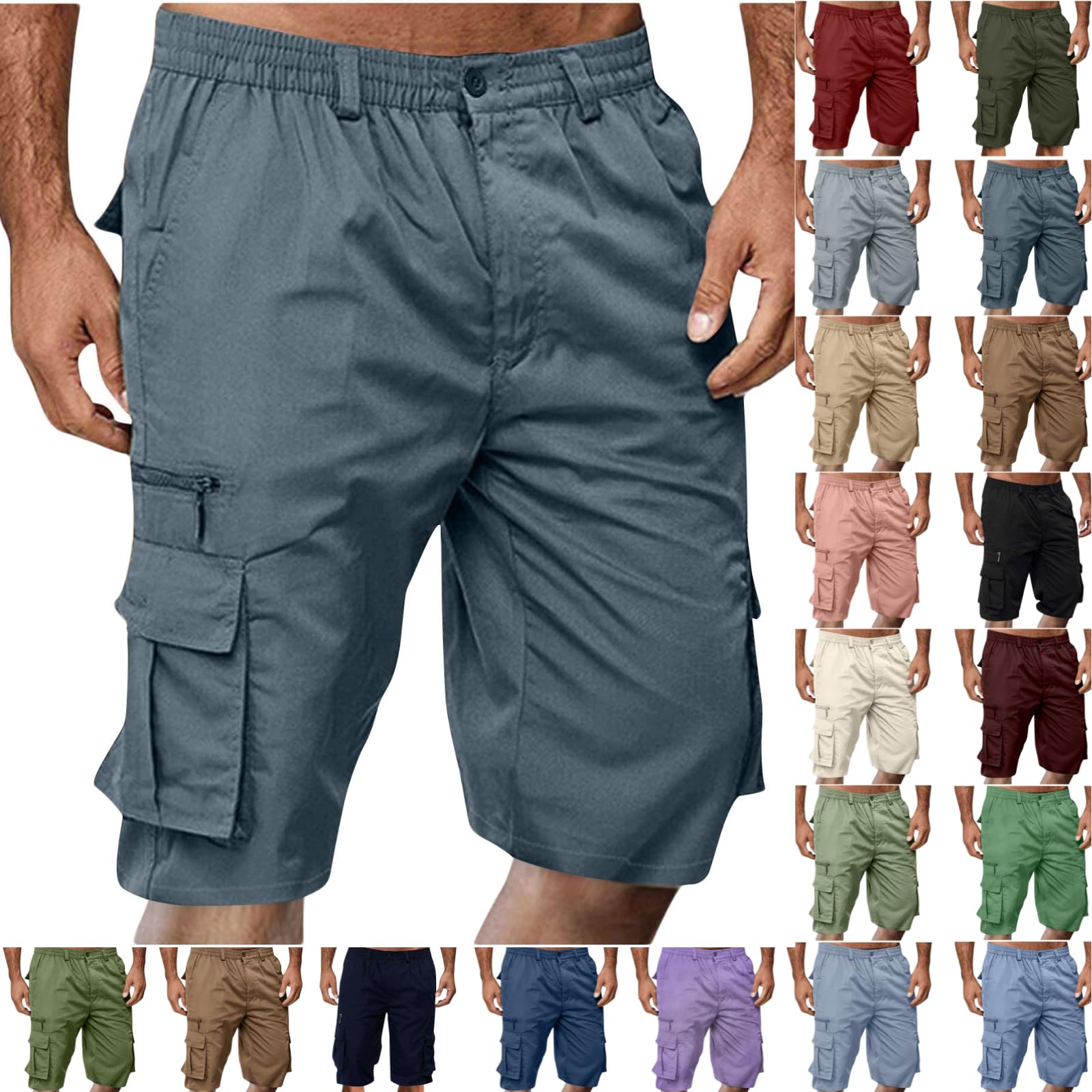 Cargo Shorts for Men,Summer Casual Elastic Waist Big Tall Baggy Shorts Lightweight Hiking Short with Multi Pockets