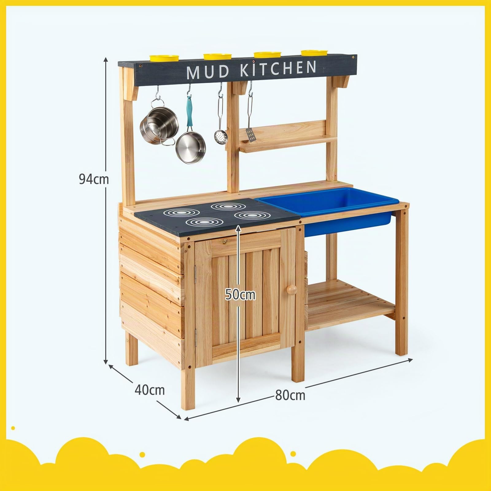 COSTWAY Cucina Giocattolo per Bambini, Cucina in Legno da Esterno con Lavello Removibile, Fornello, Pentole e Ripiani, Cucinetta Giocattolo Interattiva con Accessori per Bambini 3-8 Anni, Naturale