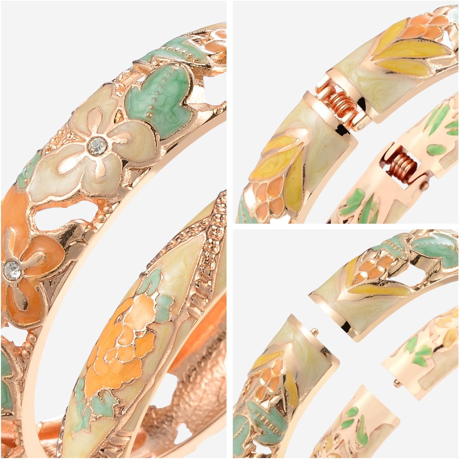 wynameleri Vintage Jewelry Cloisonne Handcrafted Enameled Gorgeous Rhinestone Rose Hinged Cuff Bracelet Bangles Gifts 88A-55A128 - Image 6