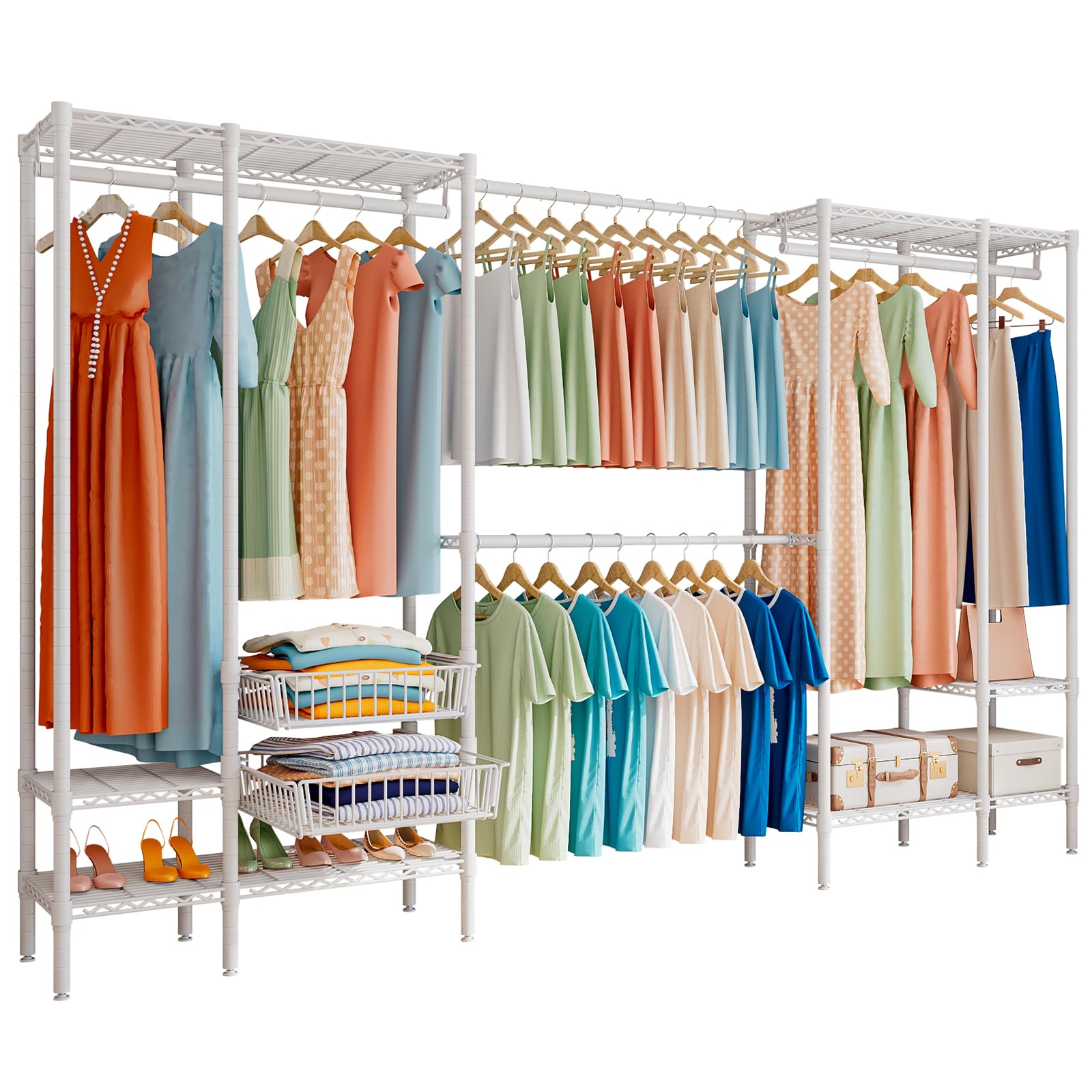 Armario Abierto Extensible (249-297 cm), con 2 Cestas y Gran Capacidad, Burro de Ropa Metálico para Dormitorio o Vestidor, Color Blanco