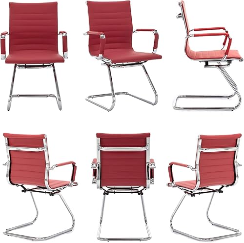 Miniatura 3 de Wahson Silla de oficina de piel resistente para invitados respaldo medio, sillas de cuarto de conferencia, recepcion, set de 2 , Cuero falso, Rojo