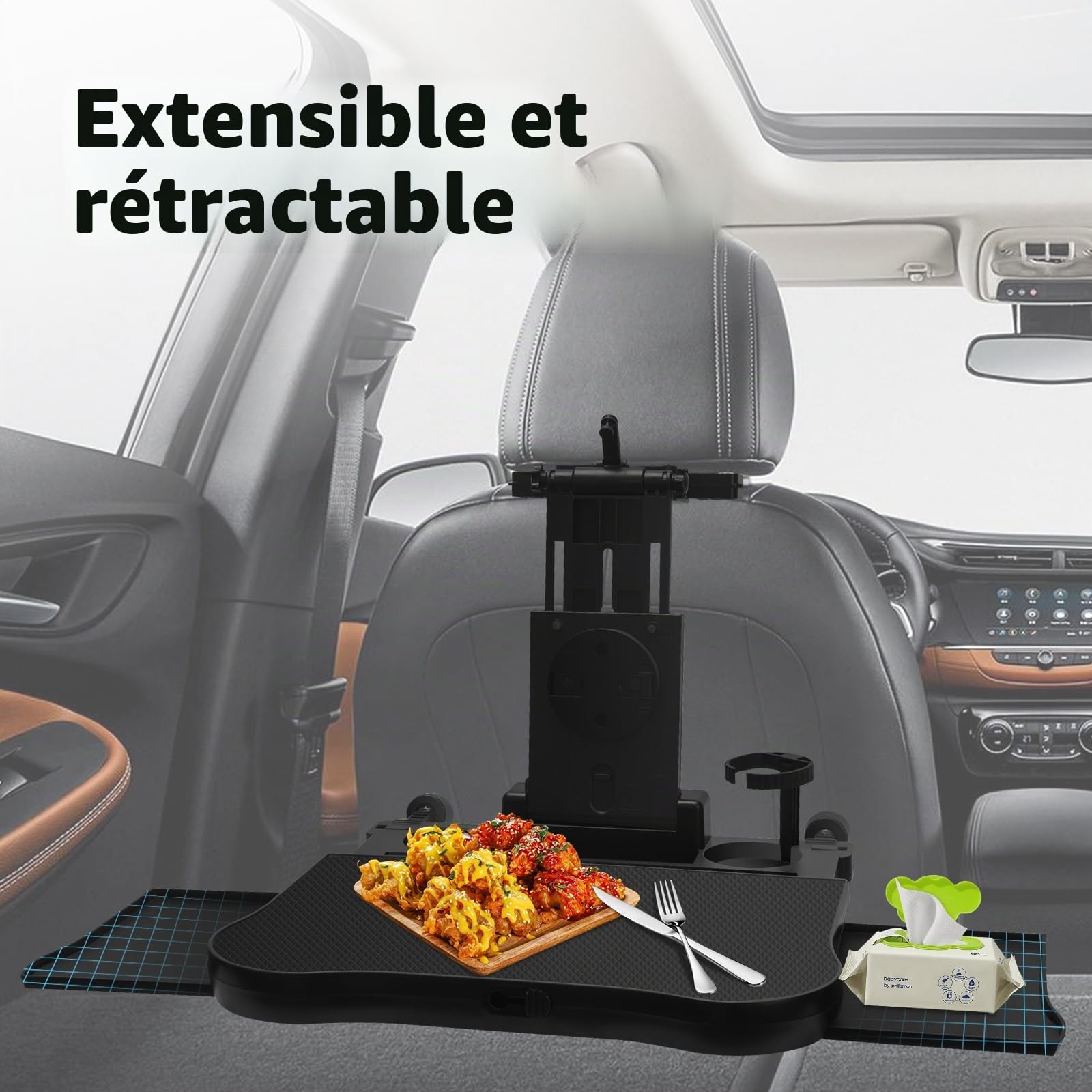 Table De SièGe ArrièRe De Voiture Portable avec Porte-Gobelet, Support De TéLéPhone Portable, Table Pliante RéGlable en Hauteur avec Tapis AntidéRapant pour Voyager, Travailler, Manger