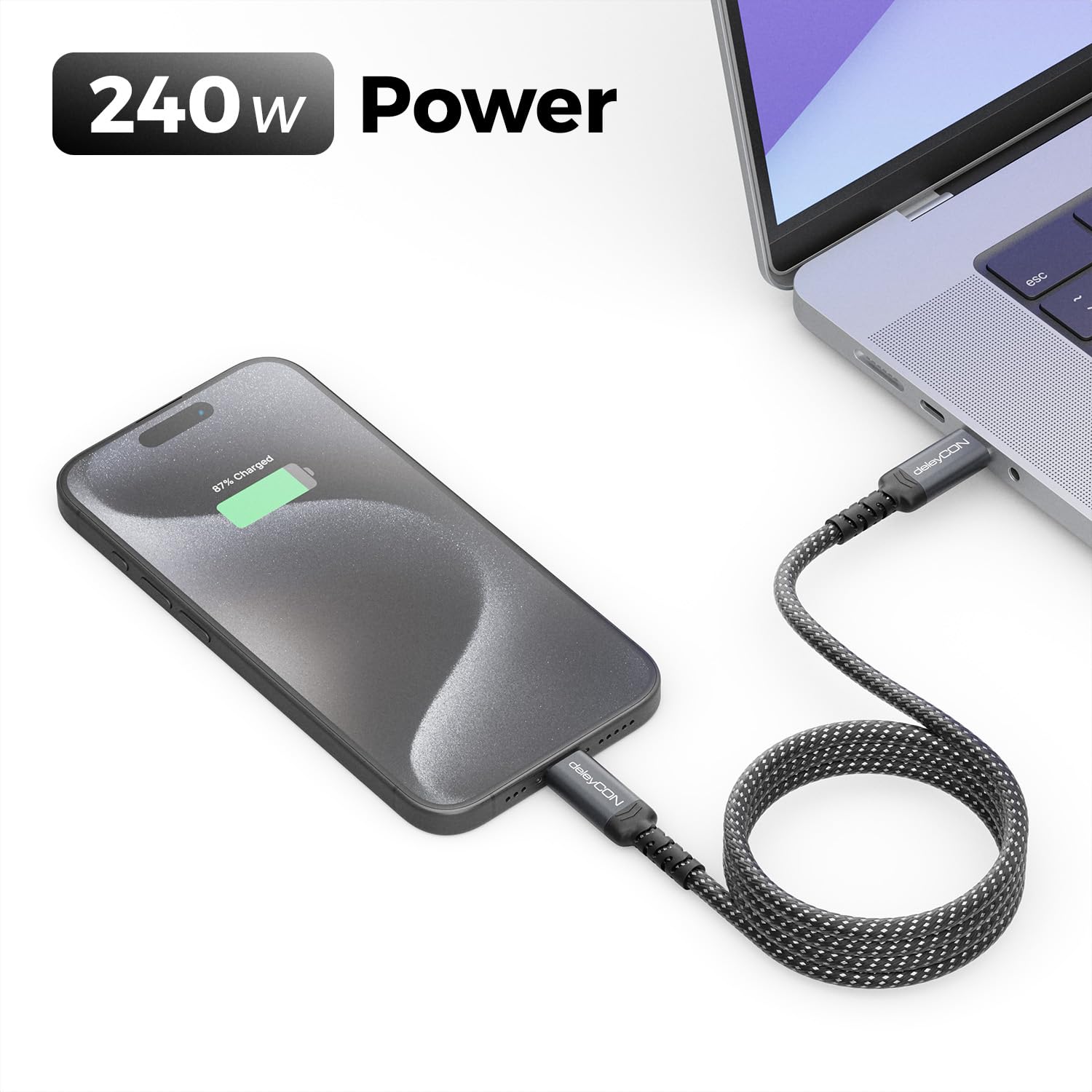 deleyCON 2 x 1 m USB-C Charging Cable 240W PD 3.1, C to C for iPhone 17 16 15 Pro Max Air Galaxy A16 A56 S25 S24 S23 Pixel iPad MacBook AirPods Tablet Switch PS5 - 5