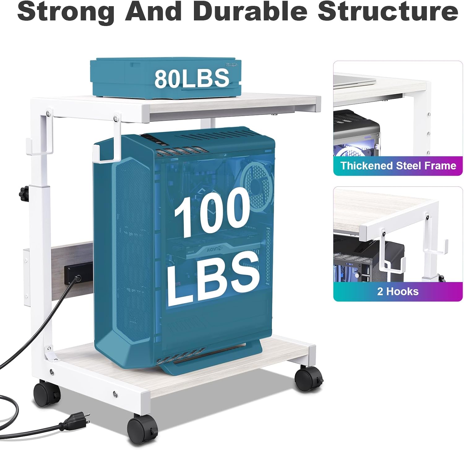 Computer Tower Stand with Charge Station and USB Charging Port - Height Adjustable PC Tower Stand, Under Desk CPU Holder Cart with Locking Caster Wheels for Fits Most PC