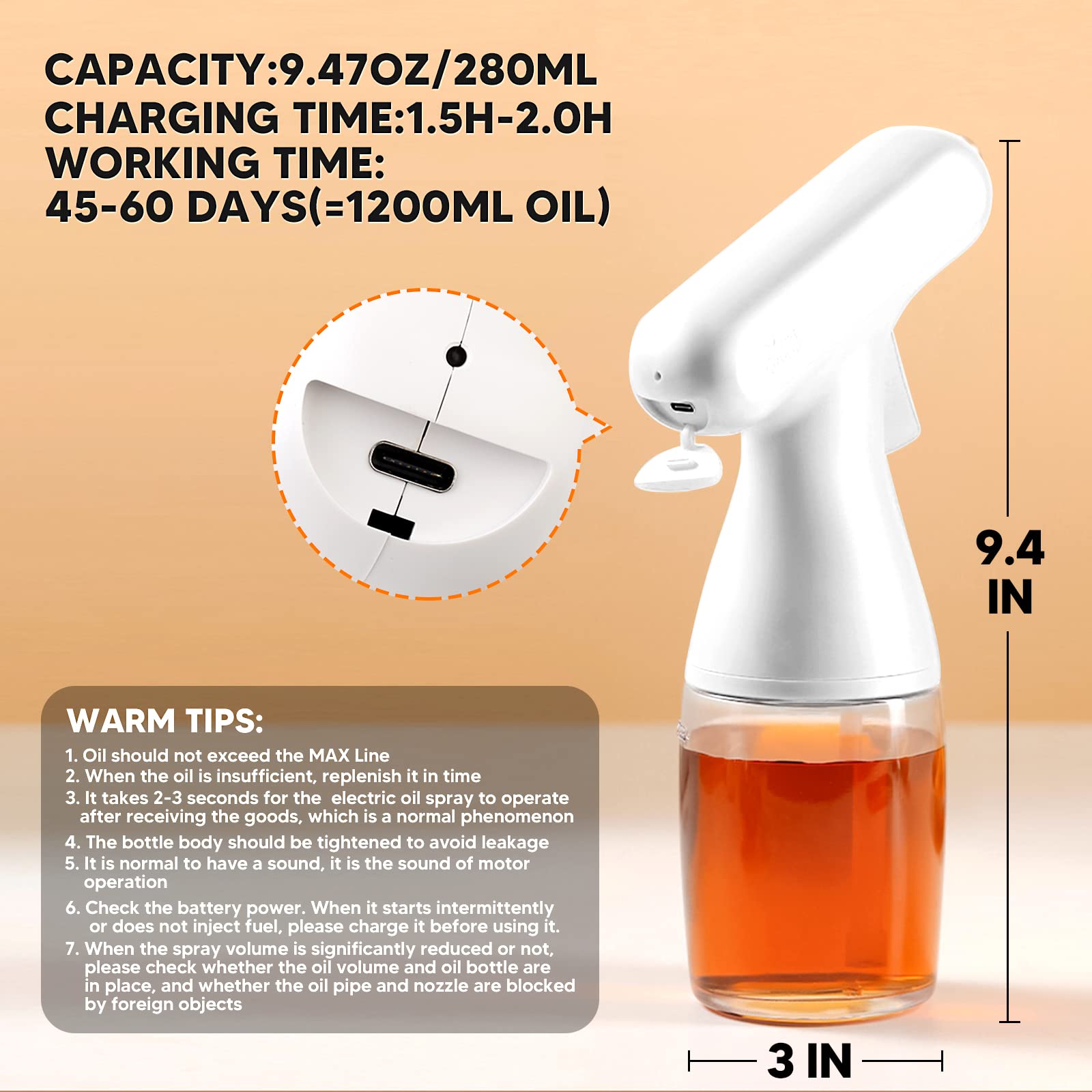 Vphom Oil Sprayer for Cooking 180ML Electric Olive Oil Mister 0.4mm Fine Mist Automatic Oil Spritzer Dispenser Bottles Kitchen Gadgets for Air Fryer Salad Baking Frying BBQ Roasting(9.47oz )