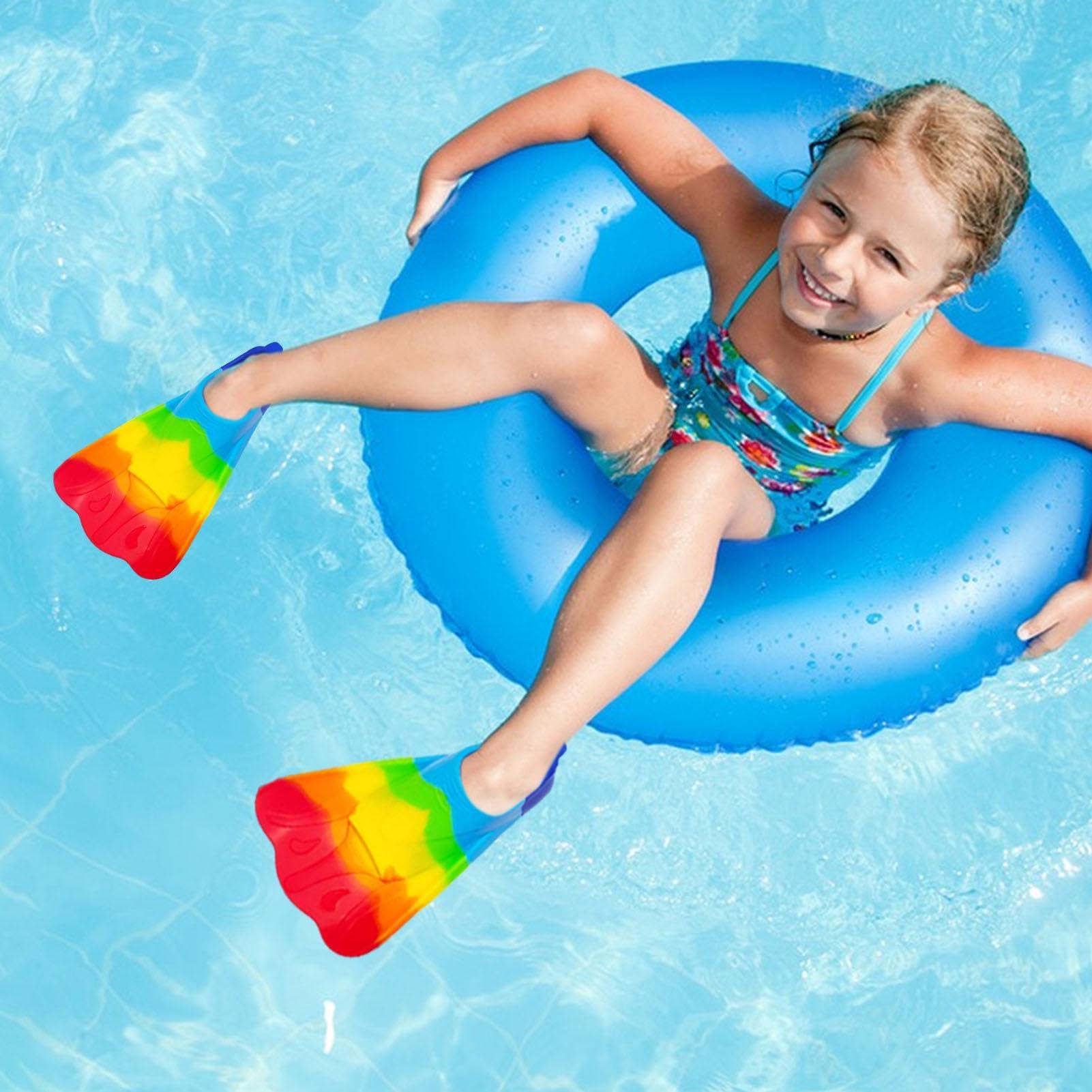 Płetwy dla dzieci - Tęczowe silikonowe płetwy do bodyboardingu z otwartą konstrukcją | Wygodne płetwy do nurkowania dla dzieci, krótkie płetwy do pływania dla dzieci, chłopcy, dziewczęta, pływanie na