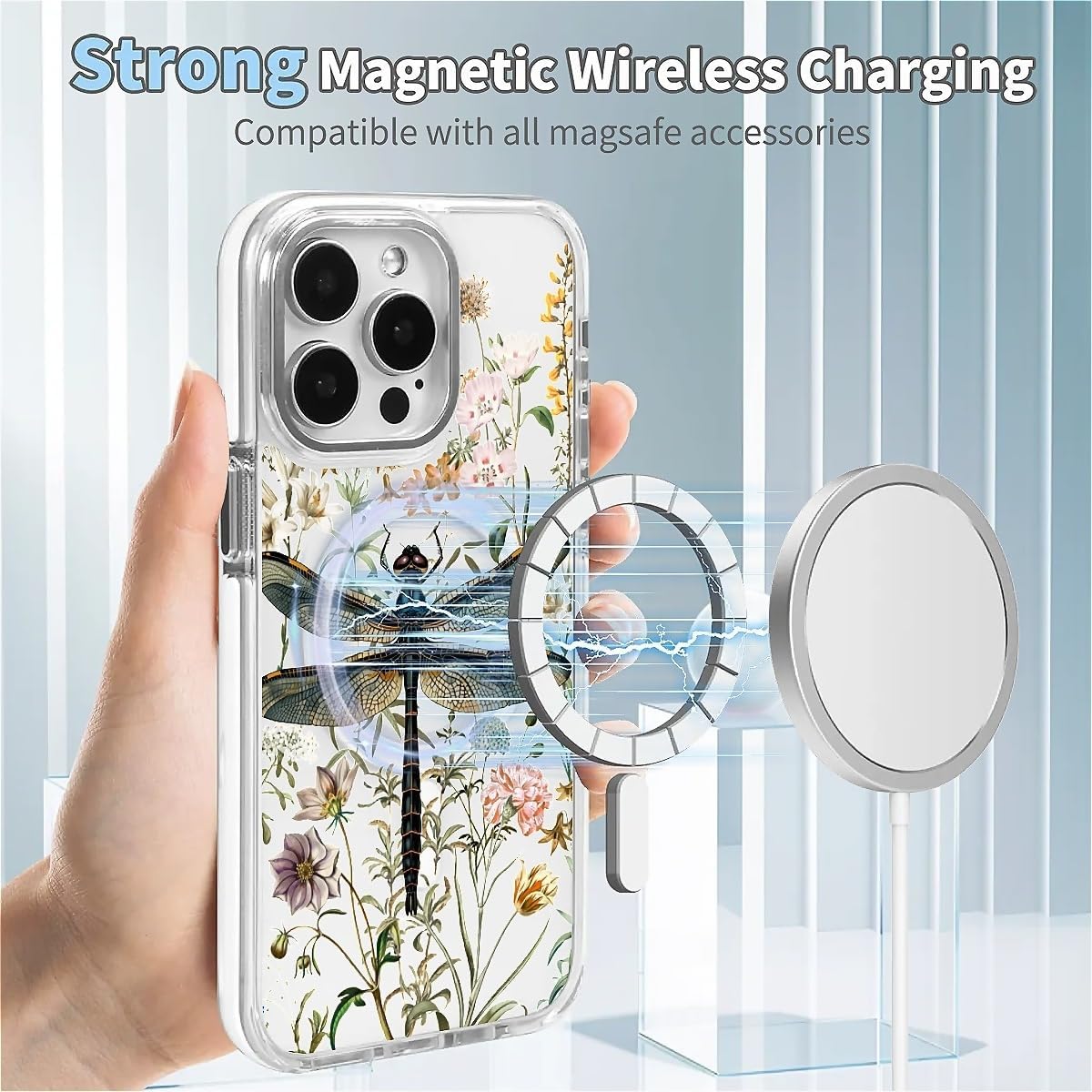 for iPhone 16 Pro Case(Compatible with Magsafe),Dancing Dragonfly Transparent Magnetic Anti-Fall White Decorative Border Protective Case Compatible with iPhone 16 Pro 6.3'' for Women