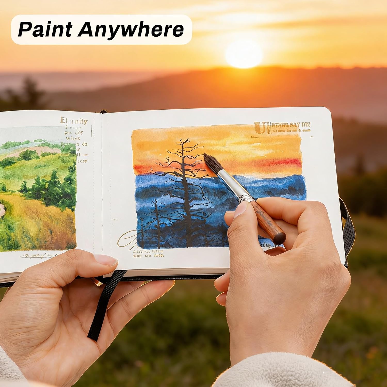 SEAMIART Travel Watercolor Brushes 6pcs Pocket Size Travel Paint Brush Set with PU Pouch, Short Handle Water Color Paint Brushes for Watercolor Acrylic Gouache Inks Painting - Brown