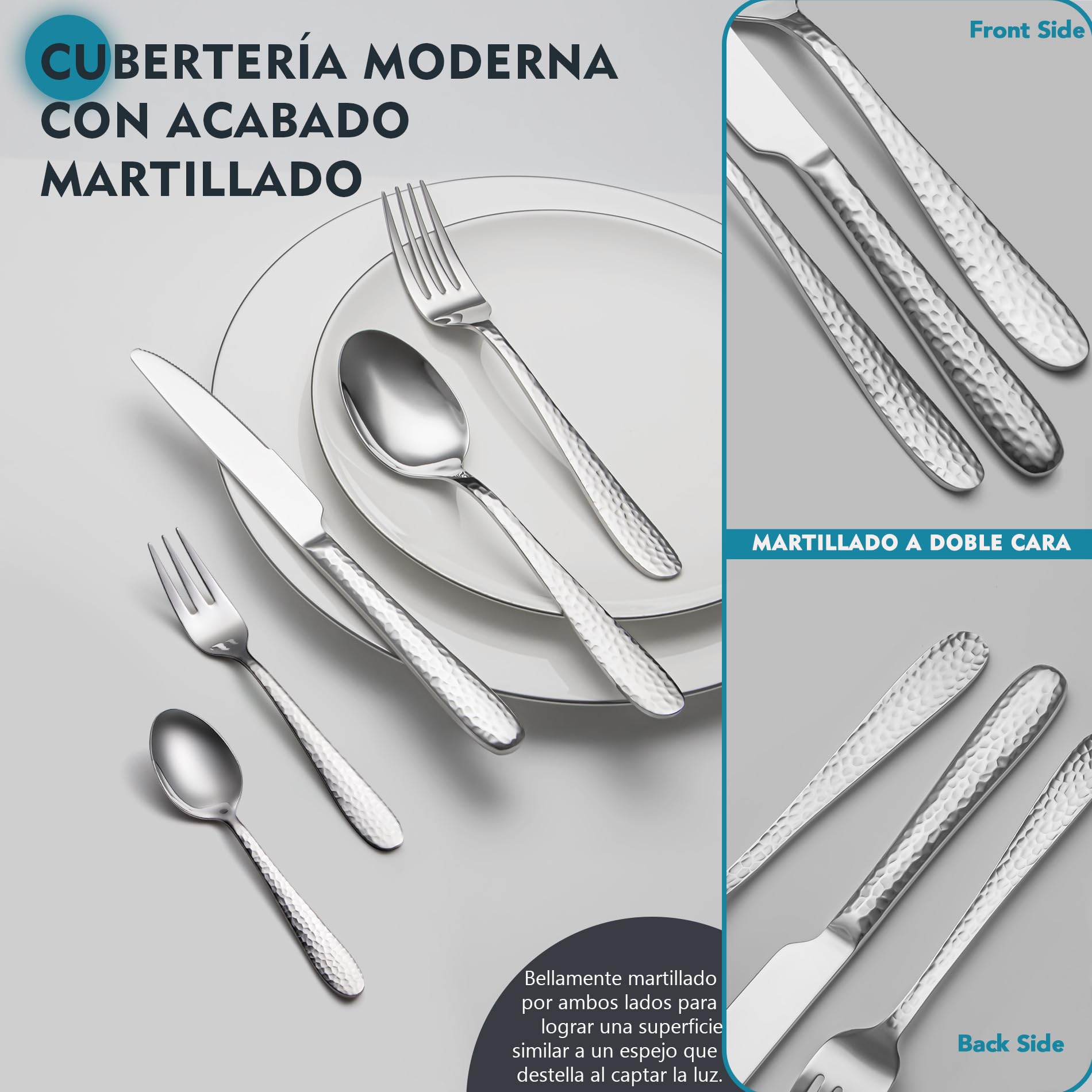 Juego de cubiertos martillados, EIUBUIE cuberterias completas 6 personas | 30 piezas, martillado doble cara, cubiertos acero inoxidable, pulido espejo, apto para lavavajillas, cuchillo cuchara tenedor