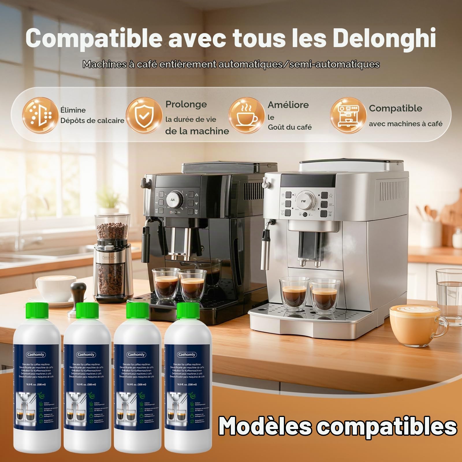 Détartrant pour machine à café DeLonghi - Détartrant de rechange pour machine à café DeLonghi DLSC500 - Accessoires d'entretien - Ingrédients végétaux - 4 bouteilles de 500 ml - 20 boîtes de