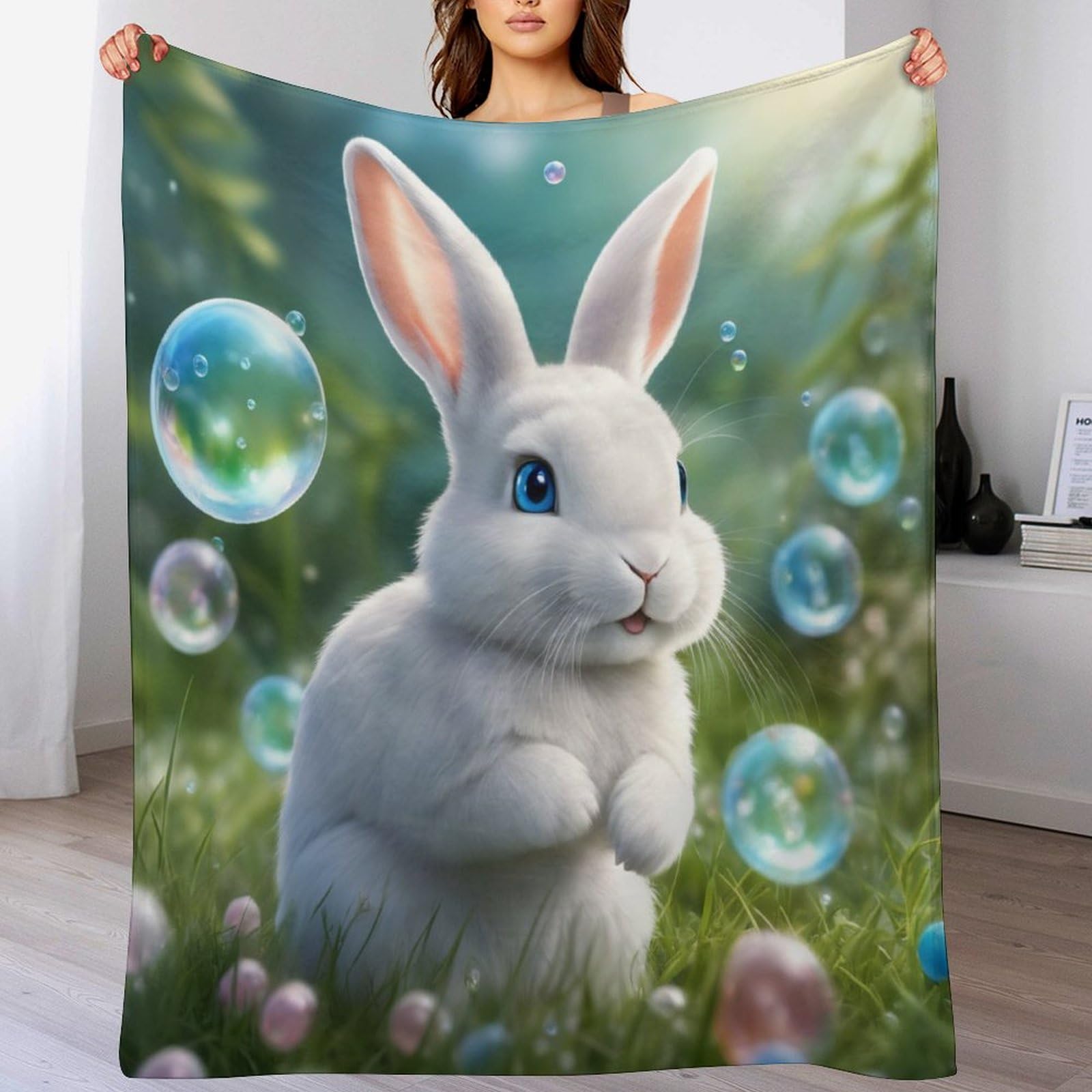 Couverture polaire lapin mignon tapis douillet en flanelle de 180x200cm pour lit et canapé