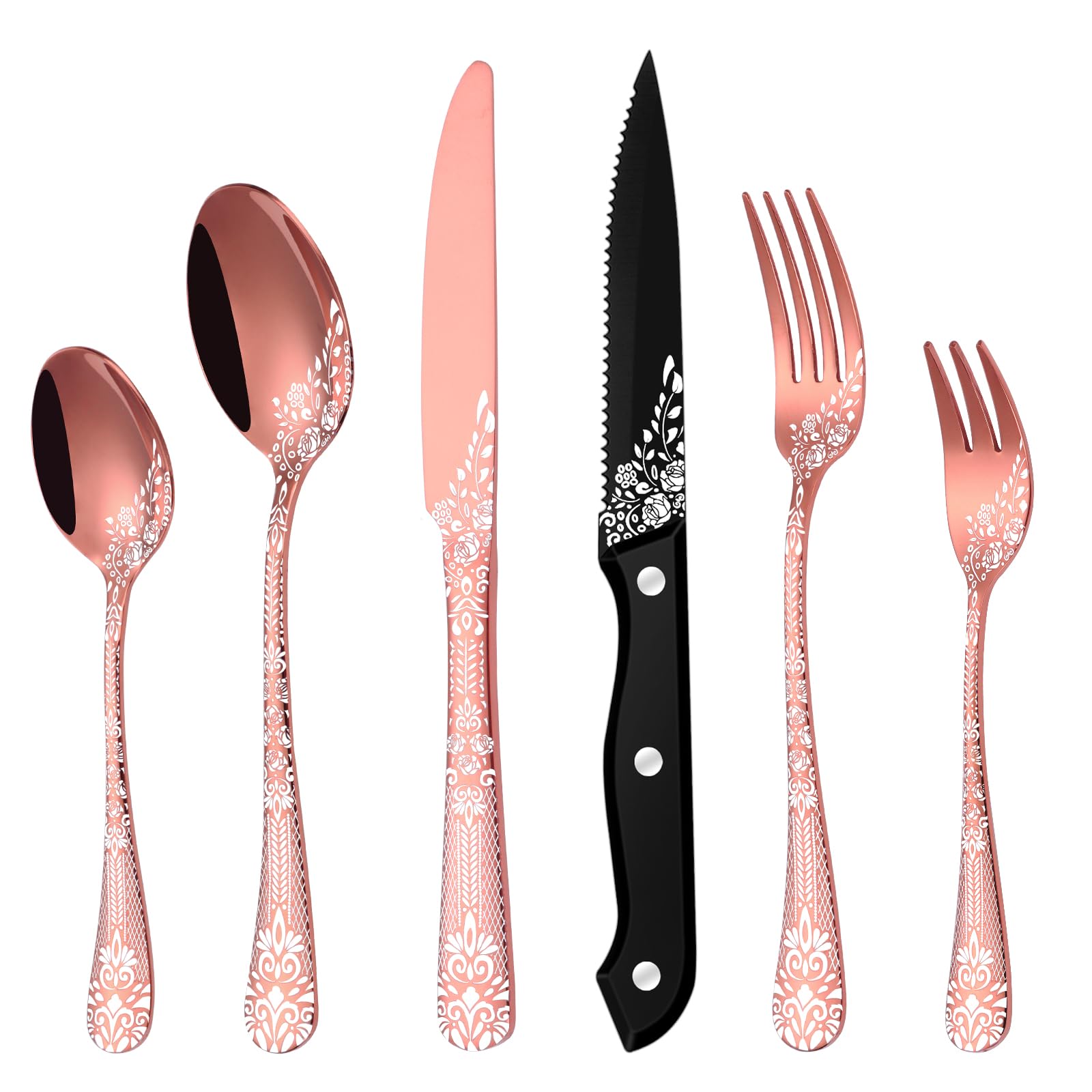 36-teiliges Besteck Set Roségold für 6 Personen, HONKKU Edelstahl Besteckset mit Steakmesser, Essbesteck Set Spiegel Polierter mit Blumenmustern, Gabel Löffel Messer Set Geschirrspüler Safe