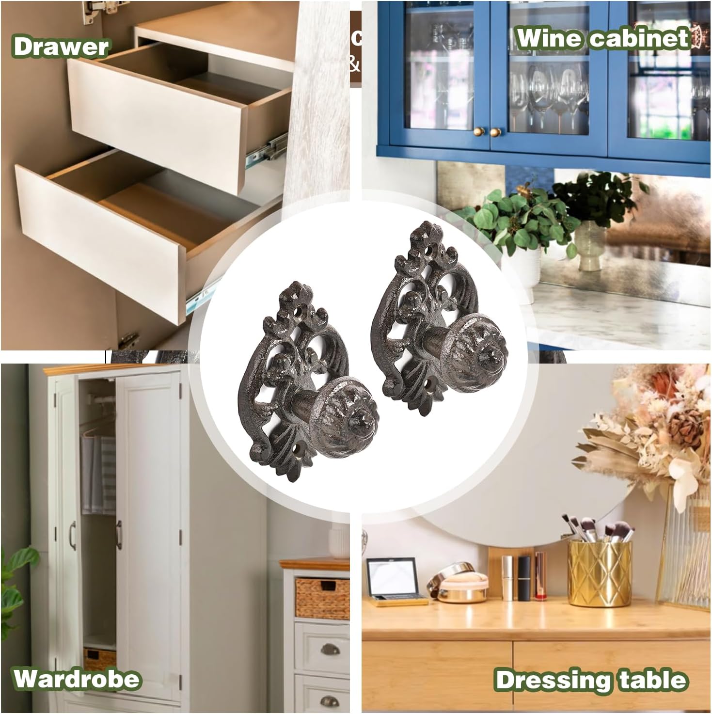 Sungmor 2PC Cast Iron Cabinet Furniture Knobs, Vintage Pretty Drawer Pulls for Closets Dressers, Small Decorative Dummy Handles Pulls, Solid Sturdy Cupboard Wardrobe Left/Right Handed Door Handles