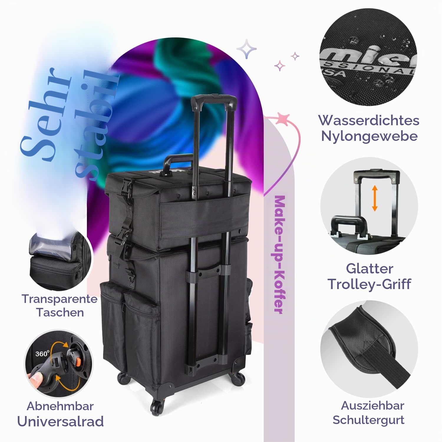 Make up Koffer - Professionell Schminkkoffer | Kosmetikkoffer groß mit Aufbewahrungsschubladen und 2 in 1 Omnidirektionale Räder für Reise, Wasserdicht Nylon Material, Schwarz