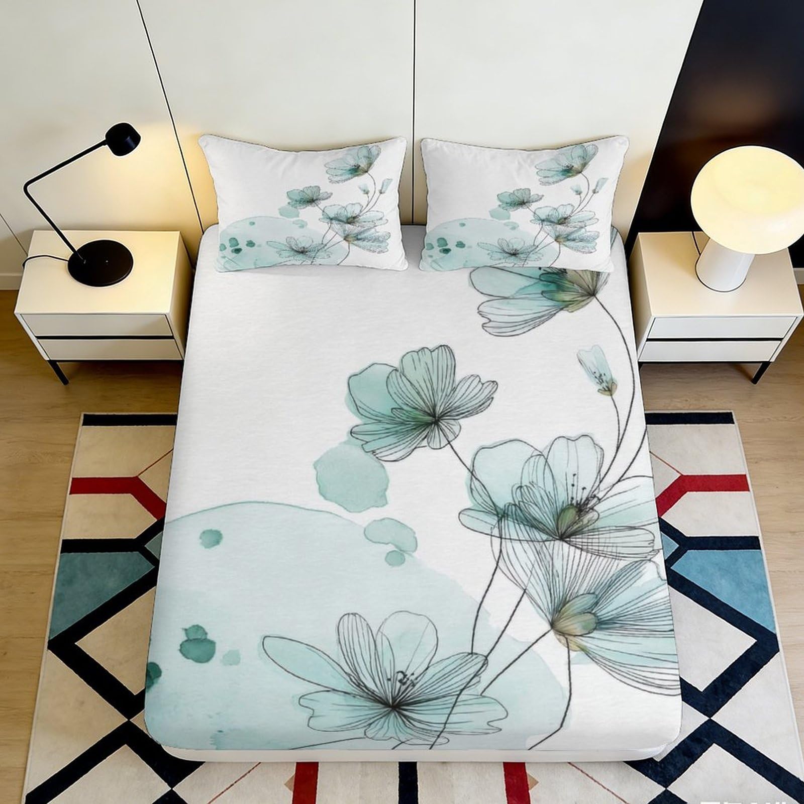 3D Printed Watercolor Floral Fitted Sheet Microfiber Soft Breathable Ink Outline Mattress Cover for Bedroom Dorm Decor 90x200x25cm