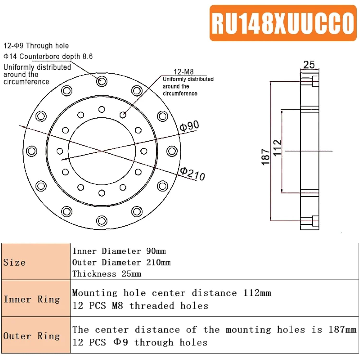 P5 Crossed Roller Bearing, High Precision Rotational Cross Bearing, Heavy Load Capacity (RU148-X)