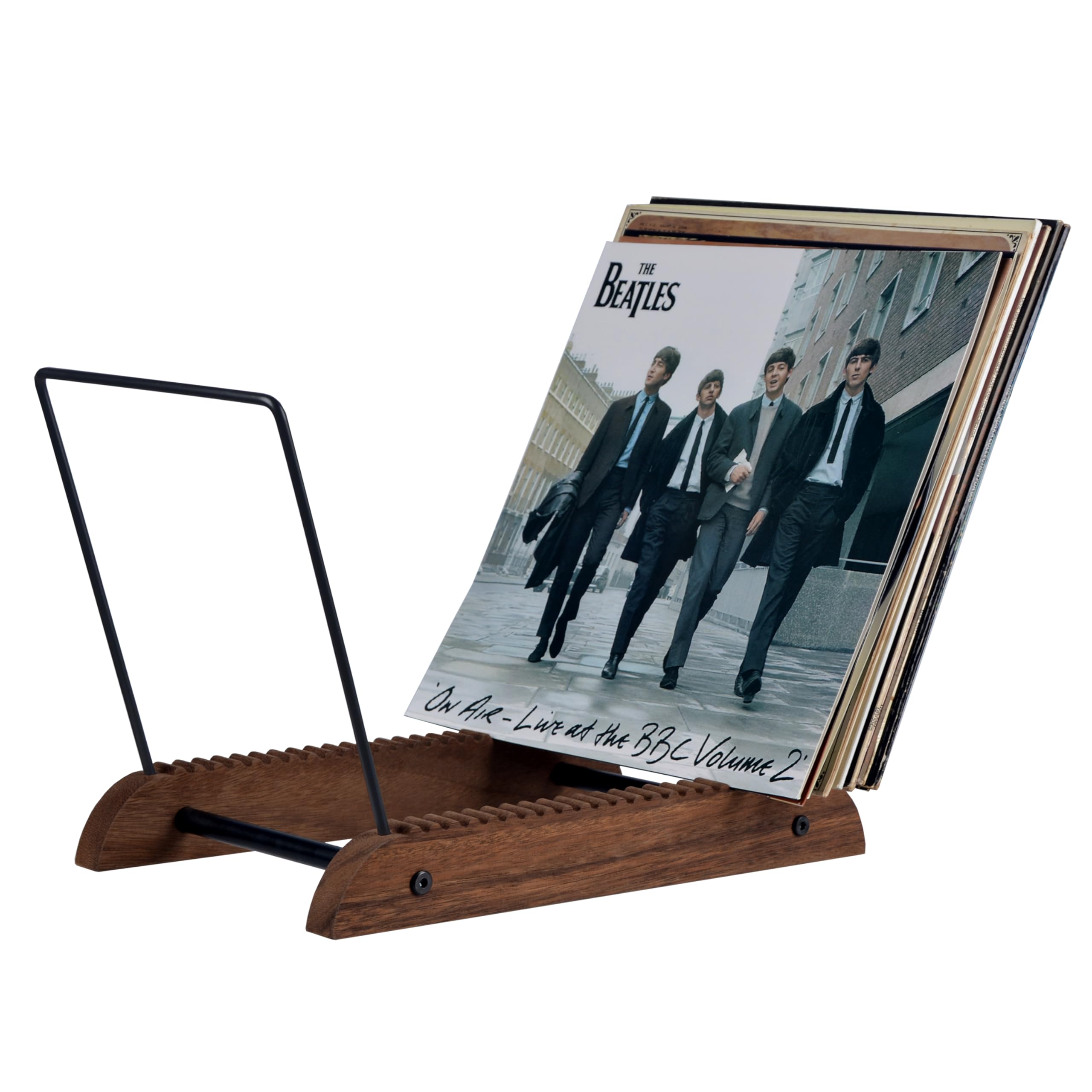 Extra-Large Vinyl Record Storage Holder Modern Album Display Solid Wood Stand with Black Metal Rack Home Decor Organizer for Vinyl Record, Holds up to 75 Albums, 14.2''L x 8.1''W x 10.7''H