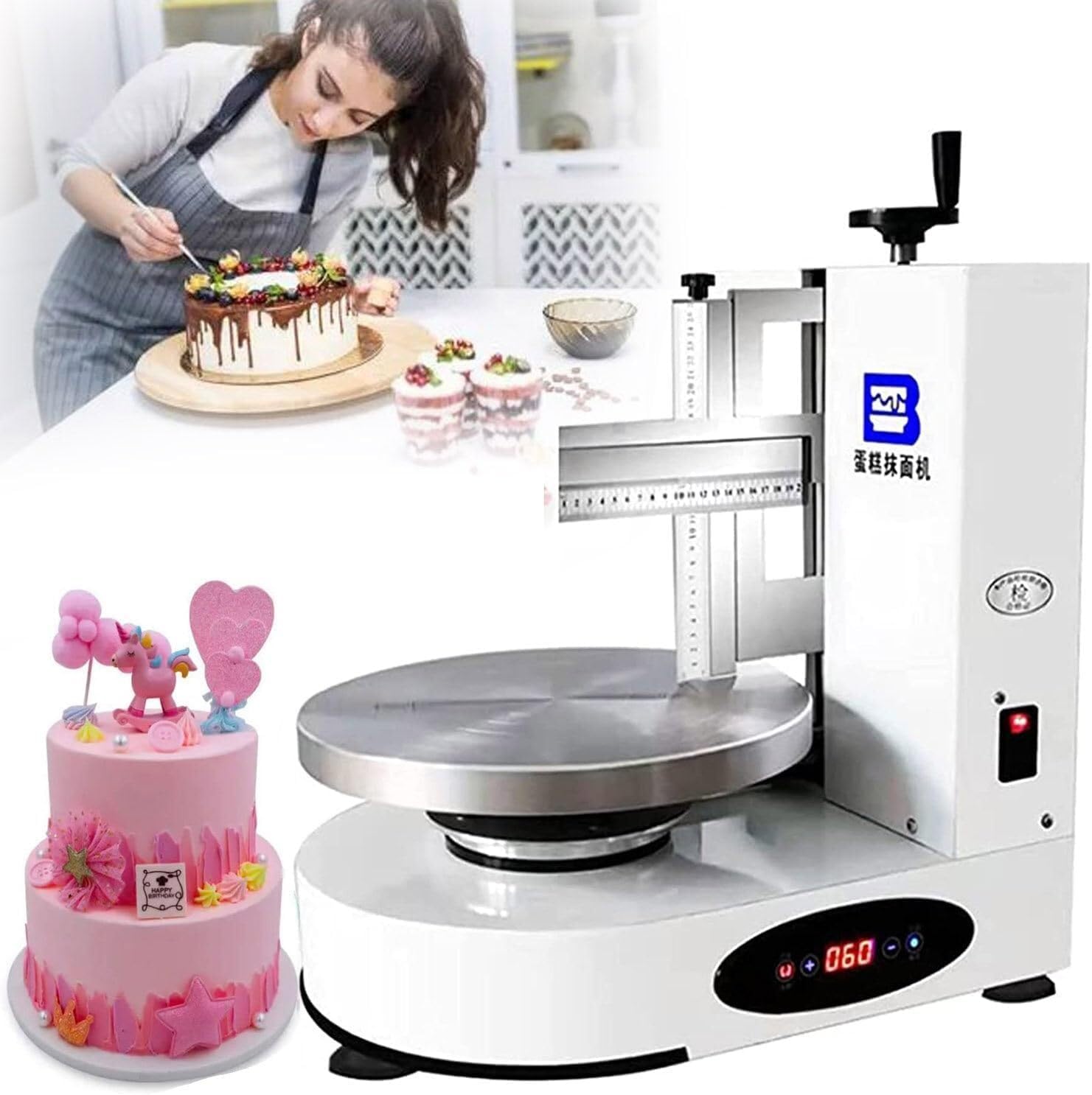 Dispositivo Elettrico Automatico per la glassatura di Torte con Piatto Girevole Regolabile in Altezza e Raschietto, Ideale per panifici e Decorazione Domestica.