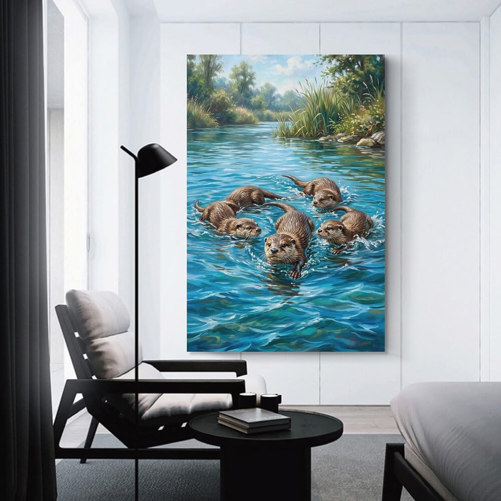 Junmoney Wall Art Print Otters Playing in A River, 24x36inch(60x90cm), for Study, Office Or Focused Interiors, Decorative Artwork for Productive Spaces