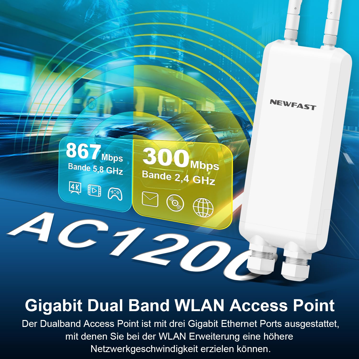 NEWFAST AC1200 Outdoor WLAN Access Point,Wetterfester Dualband Access Point,Ideal für Stabile Internetverbindung im Garten,Auf der Terrasse Oder im Hof,IP66 Water Resistant,PoE Powered,2026 Neuestes