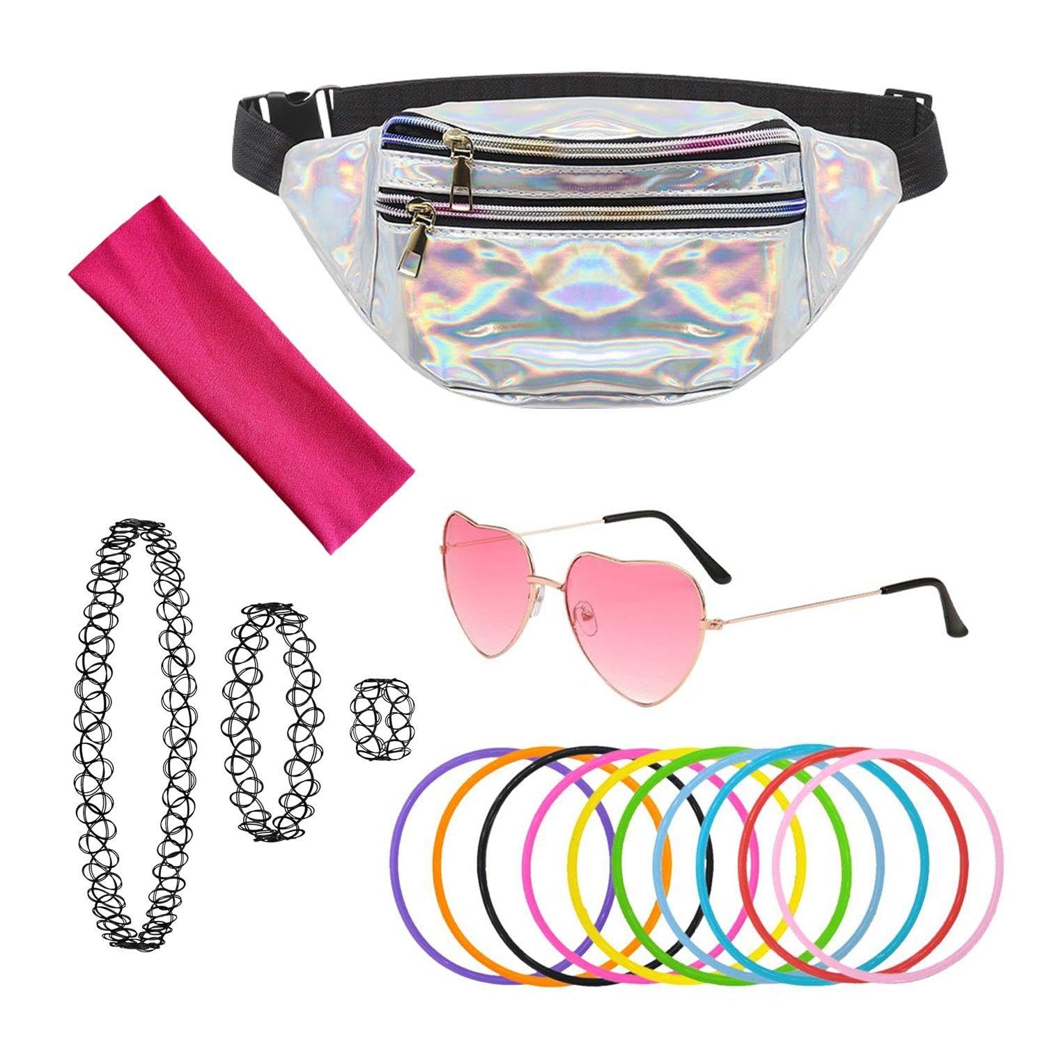 Sac À Taille 1 Morceau, Verres De 1 Morceau, Bracelet De 10 Pièces, Colliers 3 Pièces Et Bandeau 1 Pièce, Accessoires Rétro, Fournitures De Pansement De Fête, Accessoires pour Femmes.