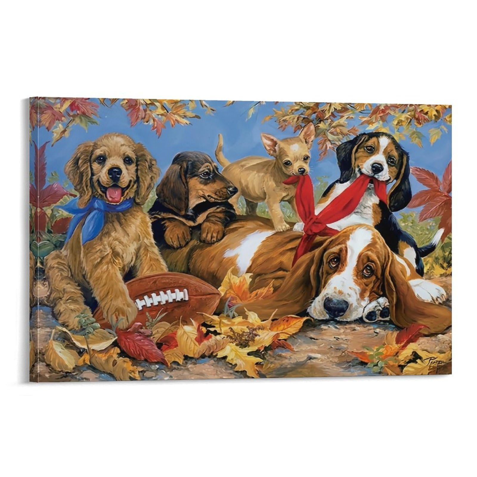 CPLVKWRQJ Autumn Puppies Play Single Piece Autumn Puppies Football Painting Framed Wall Art - Office Canvas Print Fade Resistant Wall Focal Art Decor 20x30inch(50x75cm)
