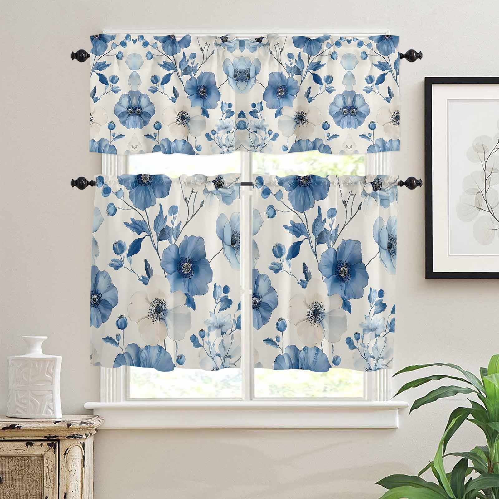 Blue Flower Kitchen Curtains 36 Inch Length,3 Piece Rod Pocket Small Half Tiers and Valance Set,Botanical Country Nature Aesthetics Floral Small Large Window Treatment Decor for Bedroom/Bathroom Sink