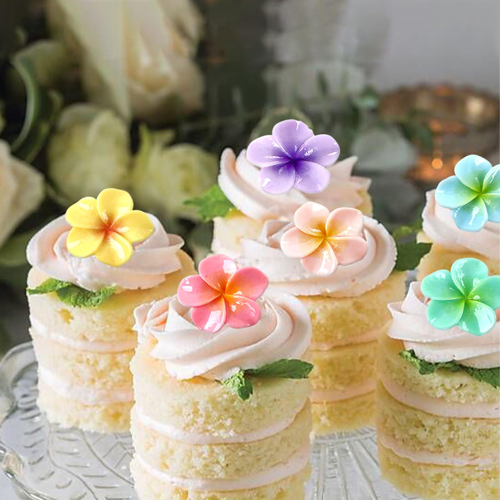 24 Pack Frangipani Cupcake Toppers Hawaii Flower Bridal Engagement Baby Shower Birthday Party Cupcake Picks Anniversary Party Decorations Supplies