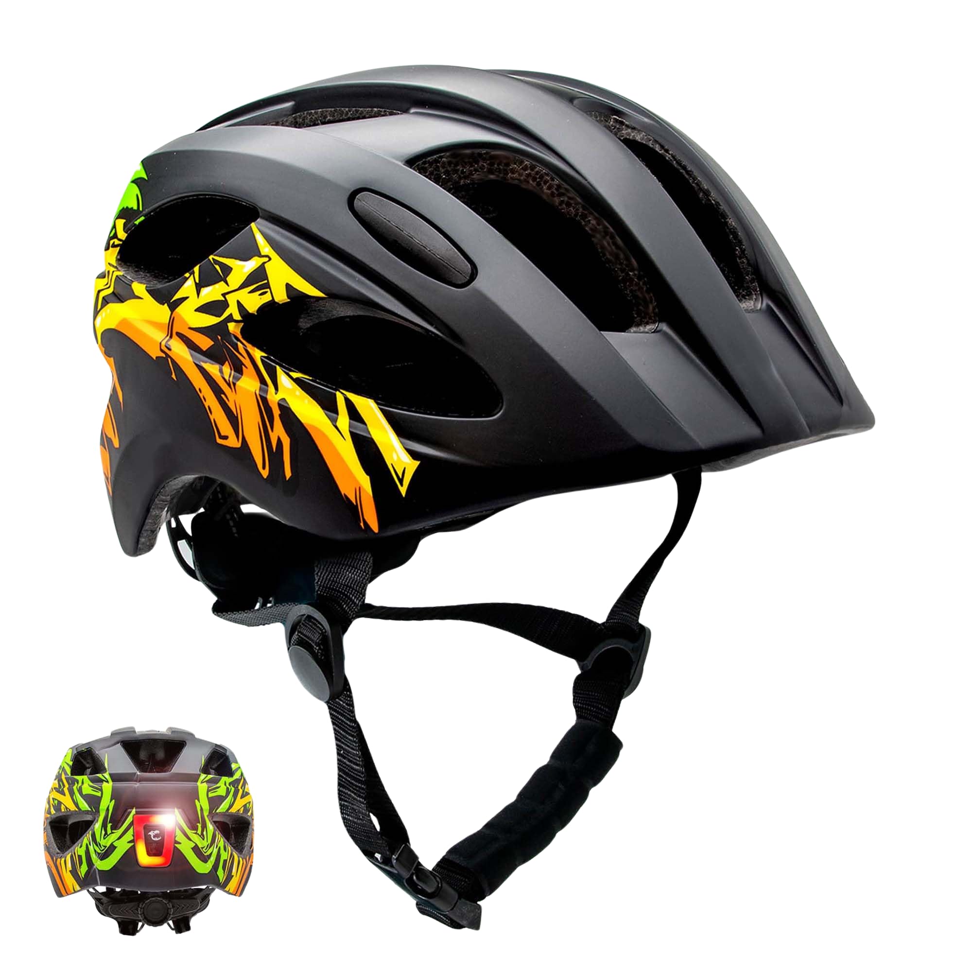 Crazy Safety Czarny kask rowerowy dla dzieci, graffiti, kask rowerowy dla dzieci w wieku 6-12 lat, do rowerów, deskorolek, rowerów górskich, łyżworolek, tylnego światła ładowanego przez USB,