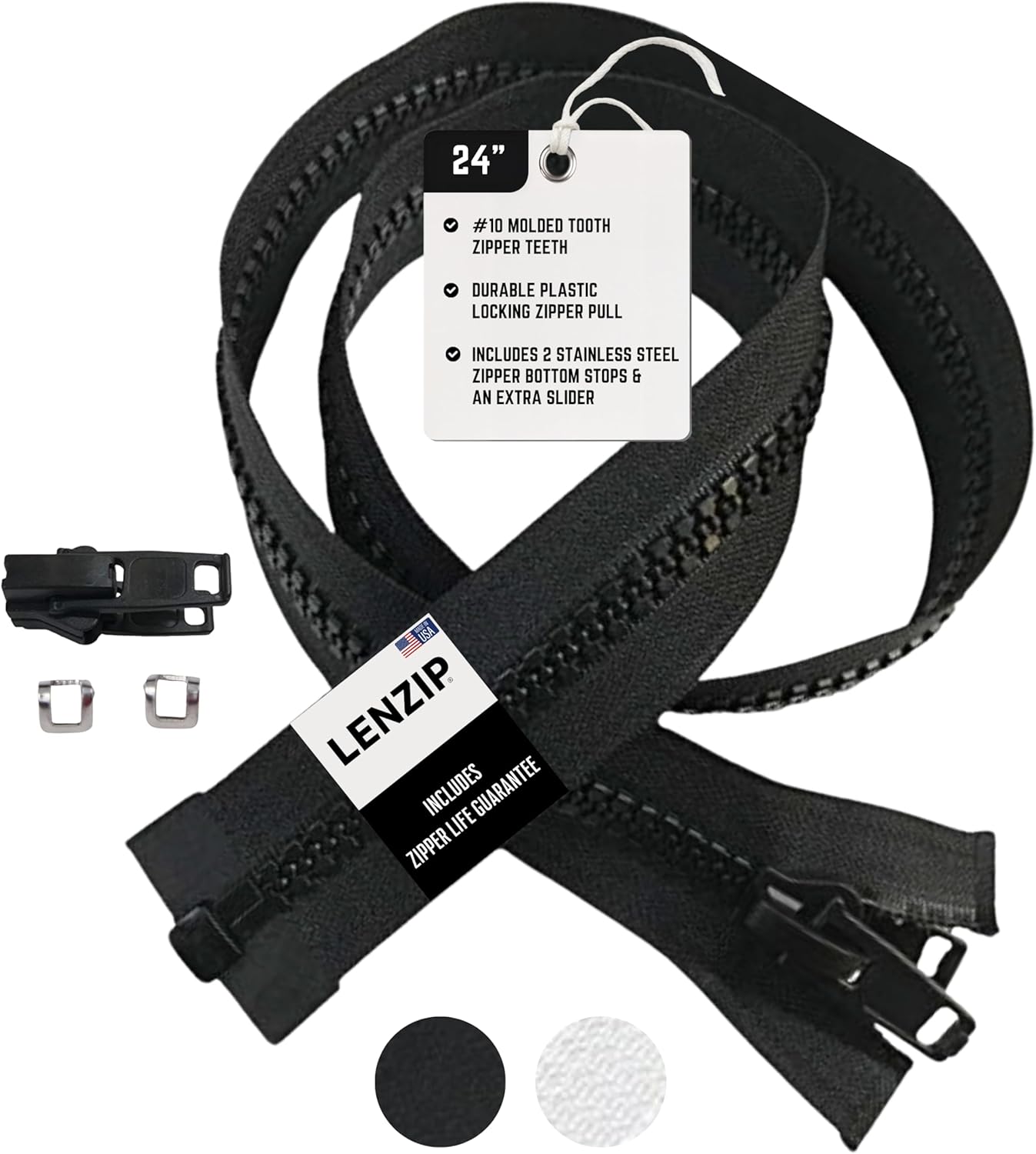 EZ-Xtend Lenzip #10 Separating Zipper for Canvas - Heavy Duty Cut to Length w/Double Plastic Locking Slider Includes Stainless Steel Zipper Stops and Extra Slider Replacement (Black, 120")
