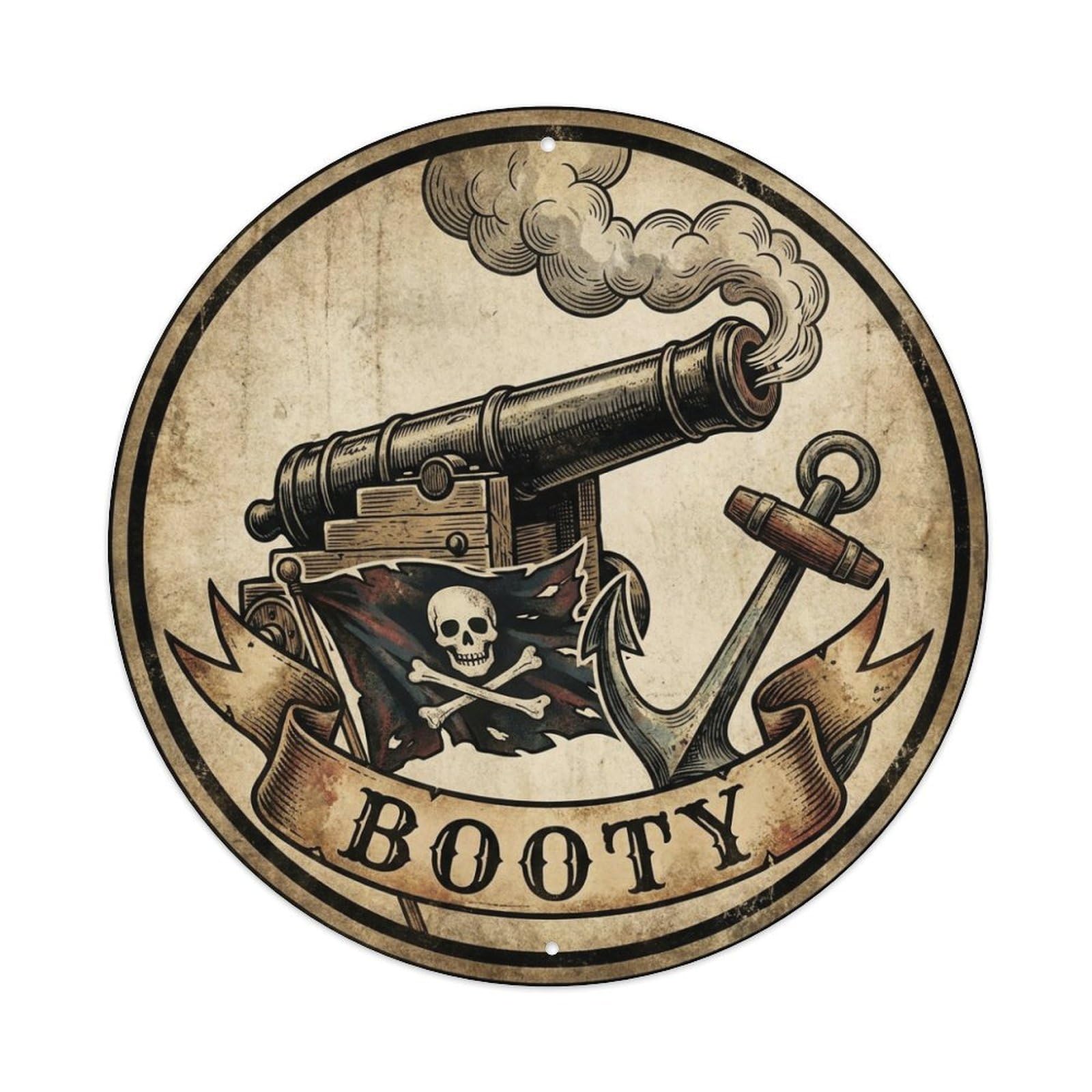 Booty Anchor Big Cannon Broadside Emblem Black Flag Metal Tin Sign