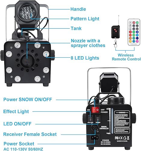 Miniatura 8 de Hakuta Máquina de nieve mejorada de 800 W con 8 luces LED RGB, proyección LED y 2 controles remotos inalámbricos, perfecta para Navidad, Halloween,