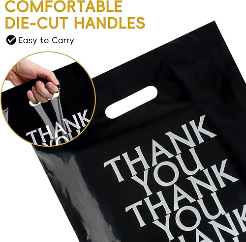 Miniatura 5 de POPGIFTU Bolsas de agradecimiento negras de 12 x 15 pulgadas con asas, paquete de 100 bolsas de plástico para pequeñas empresas, minoristas,