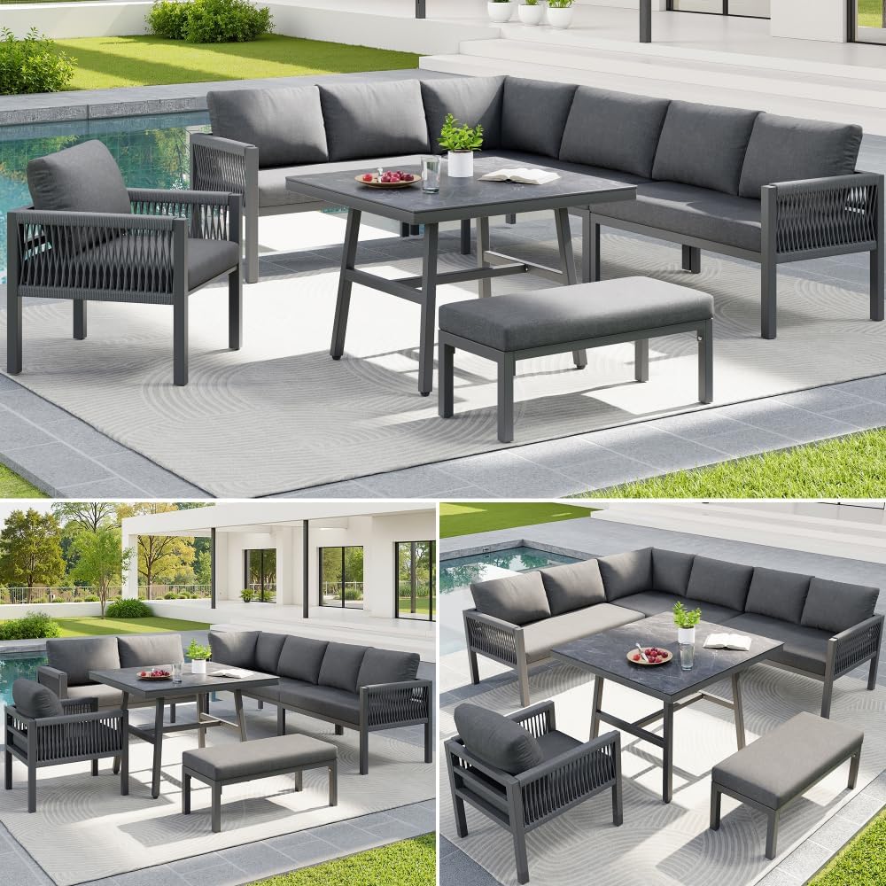 Conjunto de sofás de Exterior en Forma de L para 6-8 Personas, sofá Combinado de jardín Tejido a Mano, Conjunto de terraza con 1 Mesa (Madera y Vidrio) y 1 sillón, Muebles de jardín(Gris)
