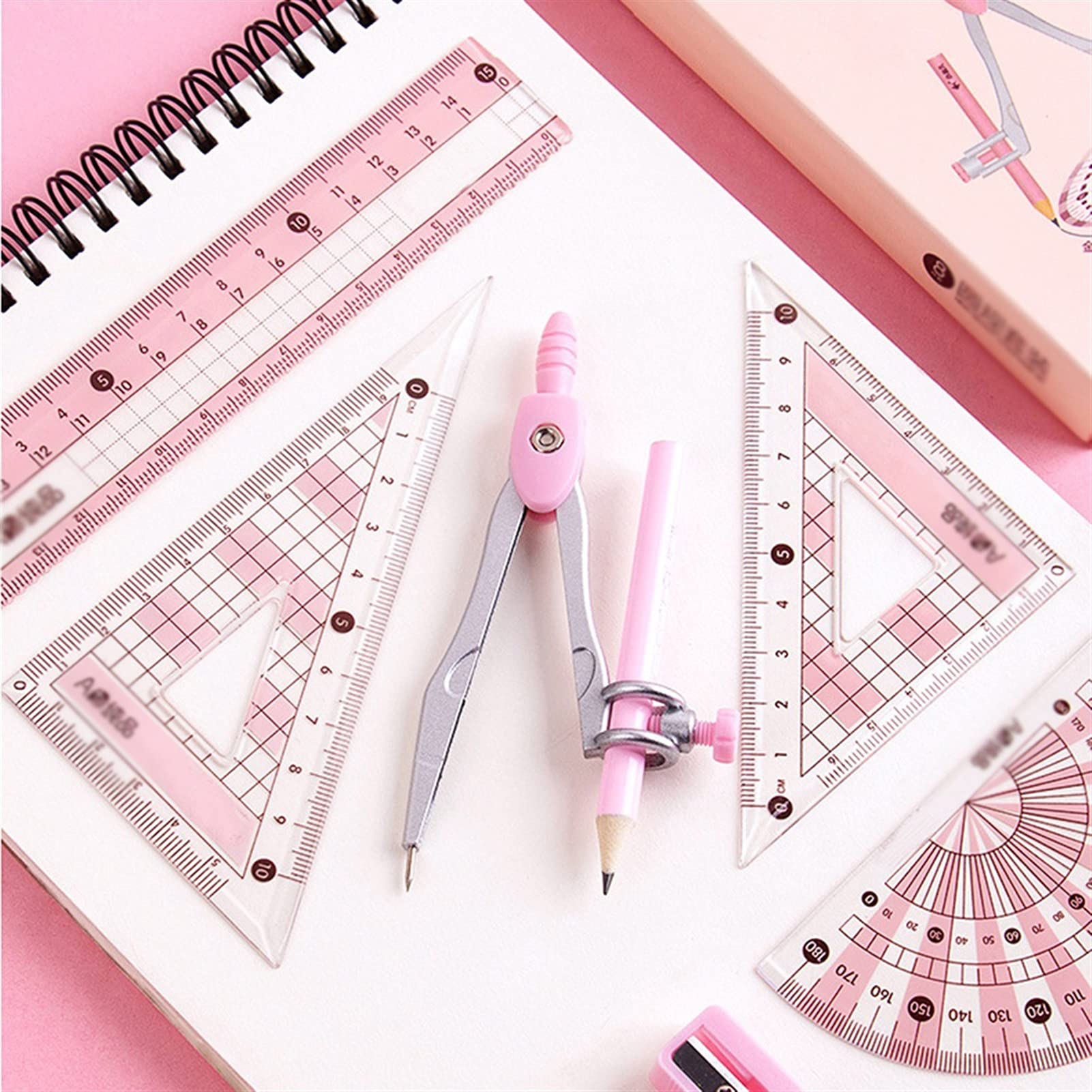 Compas 8 pièces/Ensemble métal géométrie mathématiques Dessin Compas règle Ensemble de Papeterie école mathématique Papeterie étudiants Outils de Dessin Outils de Mesure，Pink