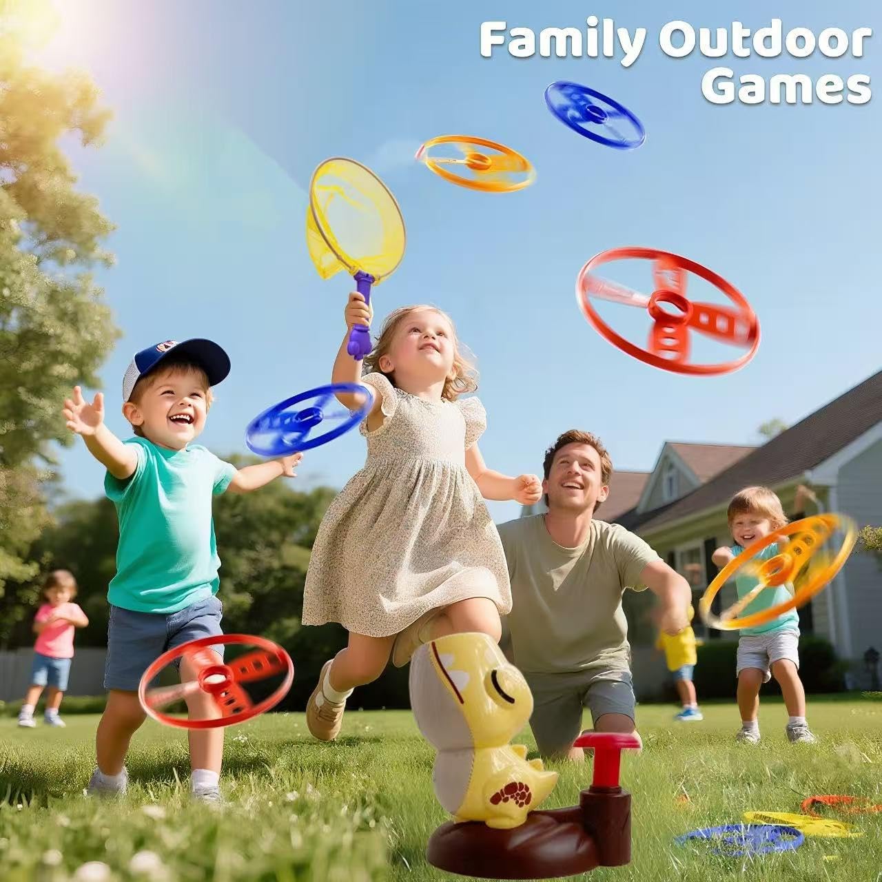 Dinosaur Flying Disc Launcher Toy – Kids Outdoor Toys for Boys & Girls Ages 3-8, Fun Stomp & Launch Game with 8 Discs & Catch Net, Active Yard Toys & Outside Play Toys (Yellow)