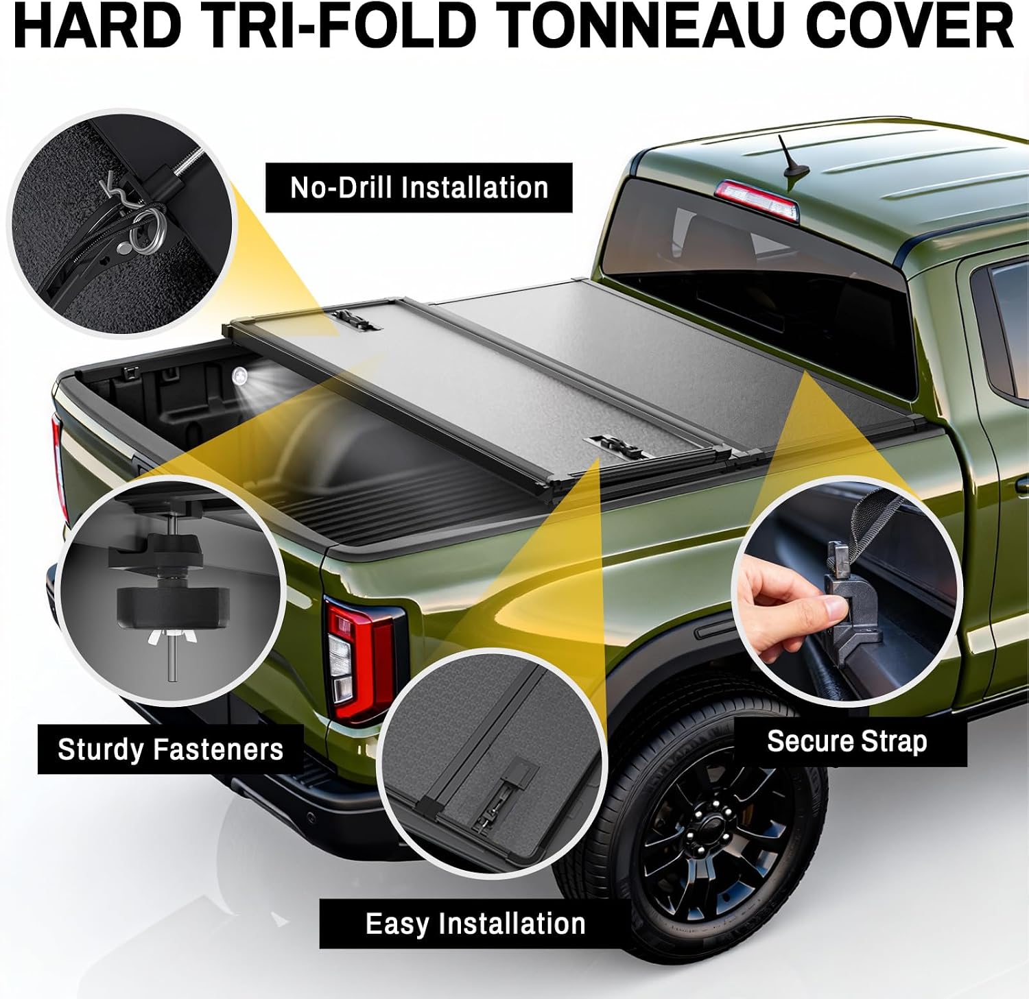 TNMT Hard Tri-fold Truck Bed Tonneau Cover for 2020-2025 Jeep Gladiator JT, FRP 3 Fold 5ft Bed with Track Rail System