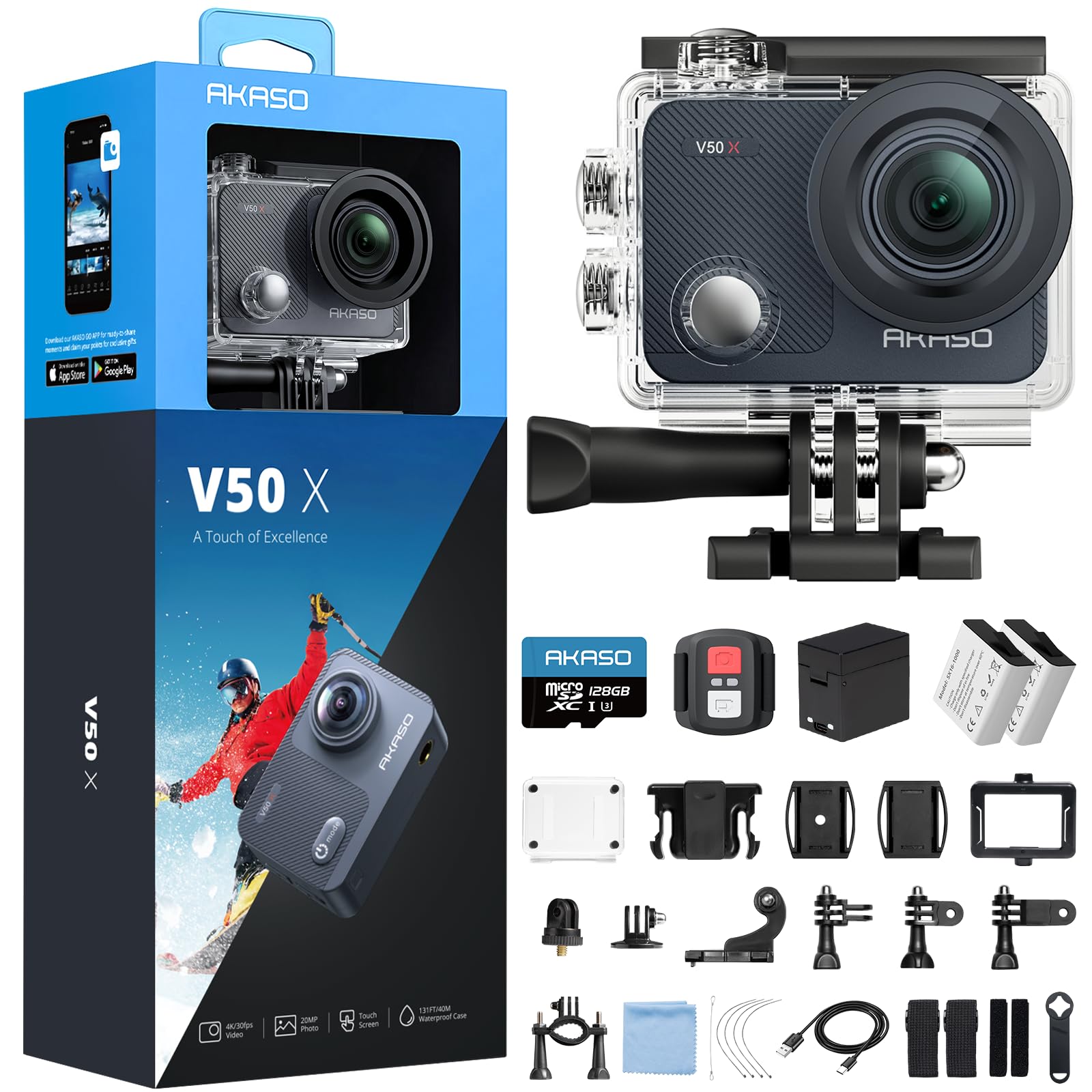 AKASO Action Camera V50 X con scheda di memoria microSDXC da 128 GB – 4K Wifi nativa subacquea 40M EIS anti-shake Cam con touch screen, telecomando, custodia impermeabile e kit di accessori di